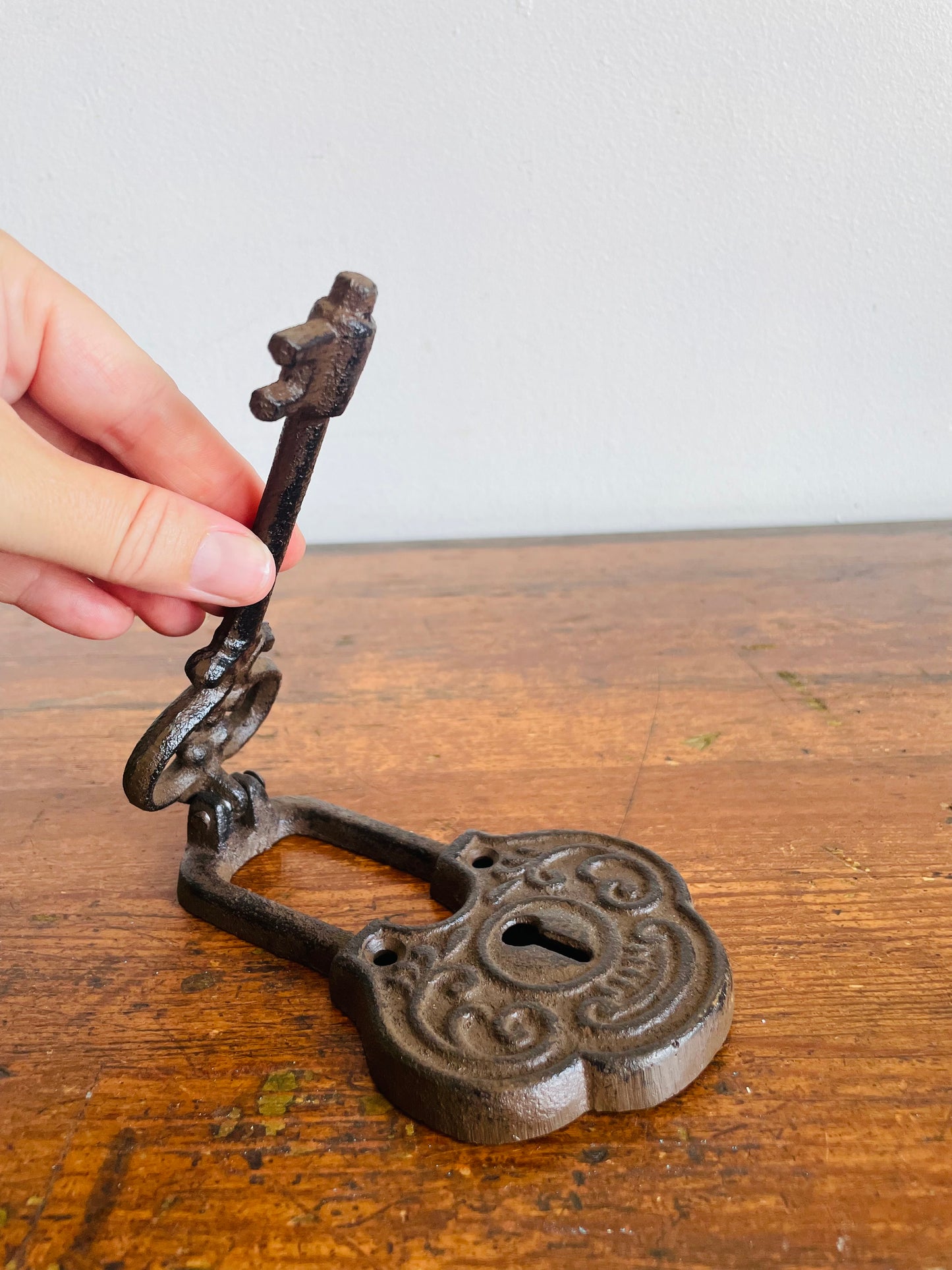 Cast Iron Door Knocker Shaped Like an Ornate Lock & Skeleton Key