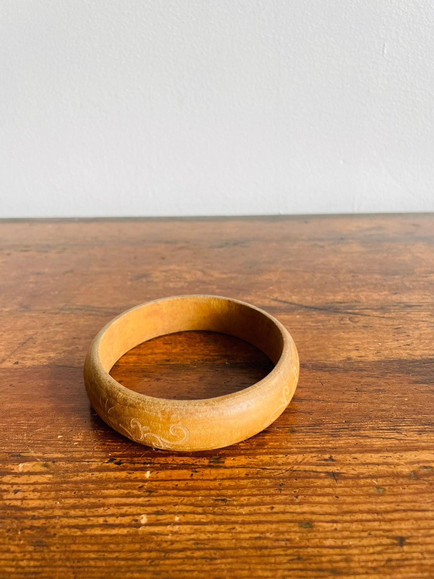 Solid Wood Bangle Bracelet with Etched Flower & Leaf Design