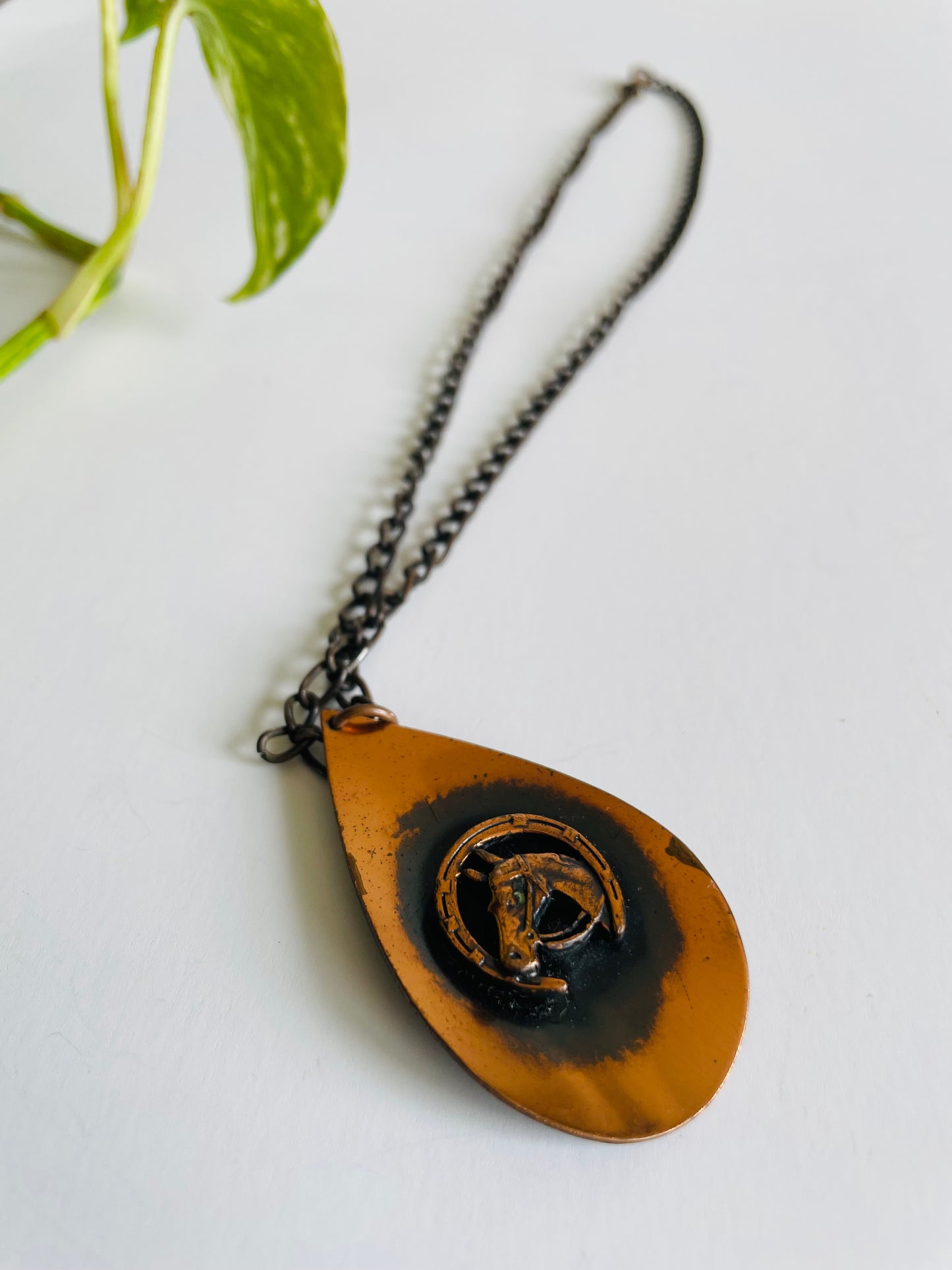Copper Equestrian Horse & Horseshoe on Teardrop Pendant Chain Necklace