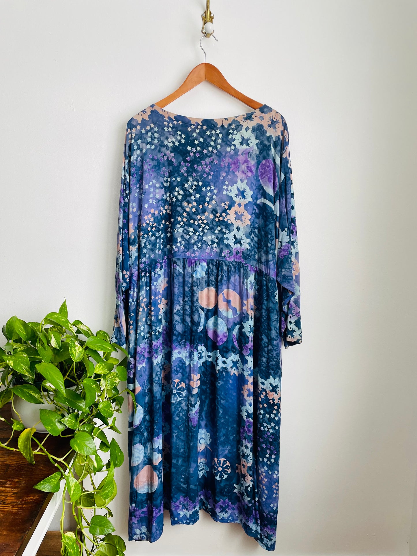 100% Rayon Maxi Dress with Pockets & Batik-Style Celestial Design - Made in Indonesia - Fits up to Size 4x