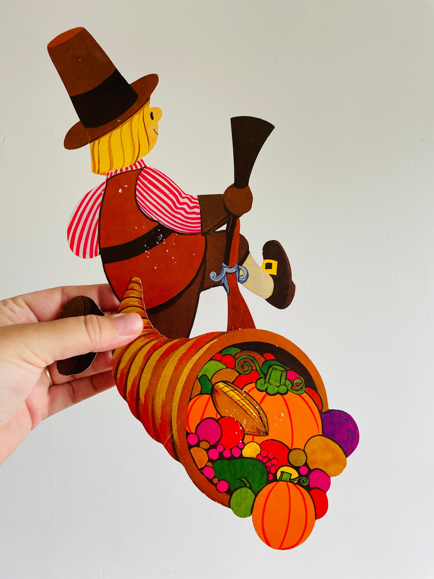 Vintage Thanksgiving Cardboard Cutouts - Pilgrim Boy & Cornucopia Horn of Plenty - Set of 2