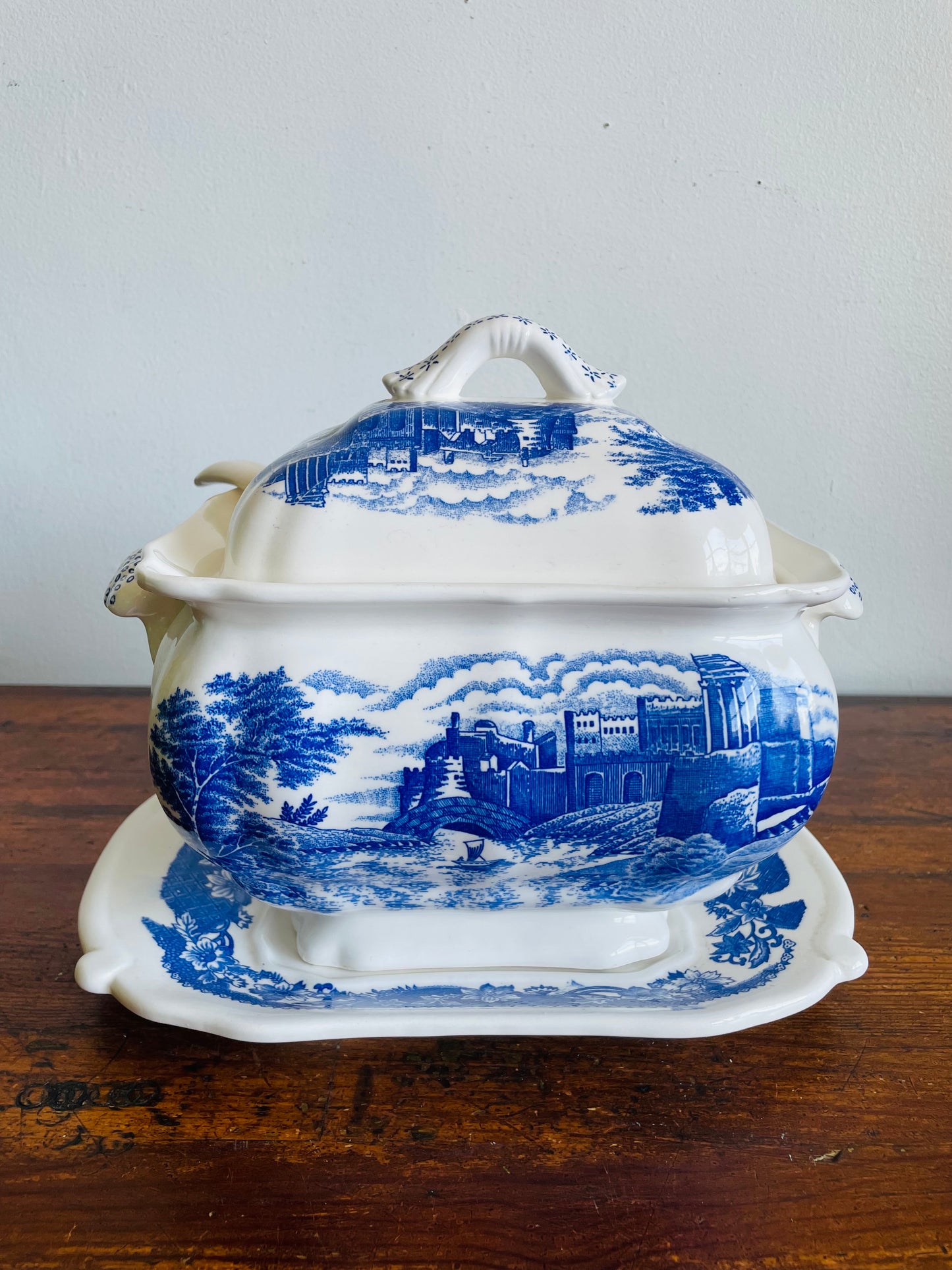 Vintage Large Blue & White Transferware Soup Tureen with Tray, Lid & Ladle with River Castle Scene - 4 Pieces