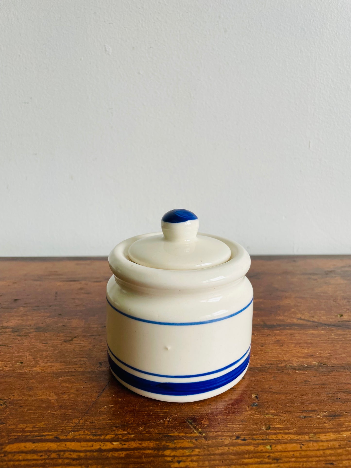 White & Blue Striped Sugar or Jam Crock Jar
