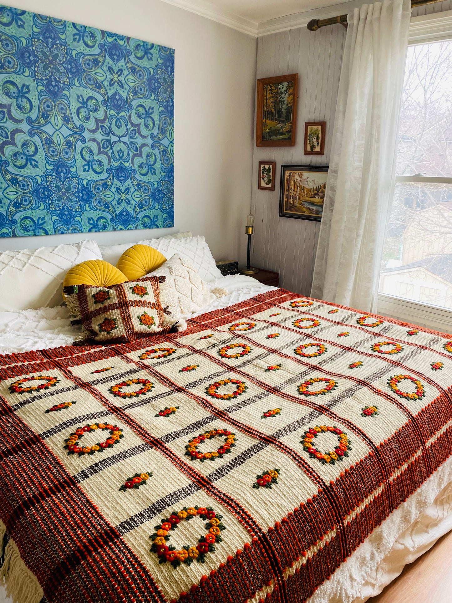 Polish Hand Knotted Woven Wool Throw Pillowcase with Embroidered Flowers