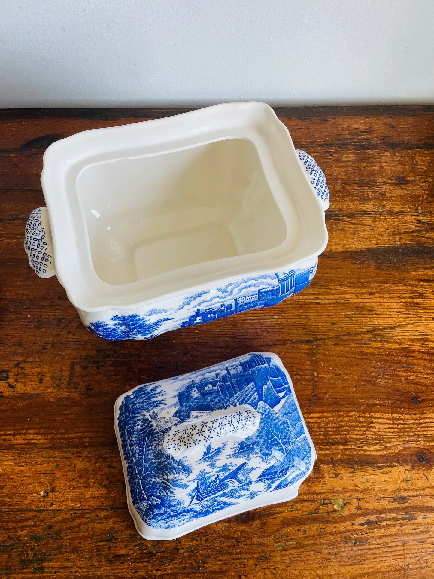Vintage Large Blue & White Transferware Soup Tureen with Tray, Lid & Ladle with River Castle Scene - 4 Pieces