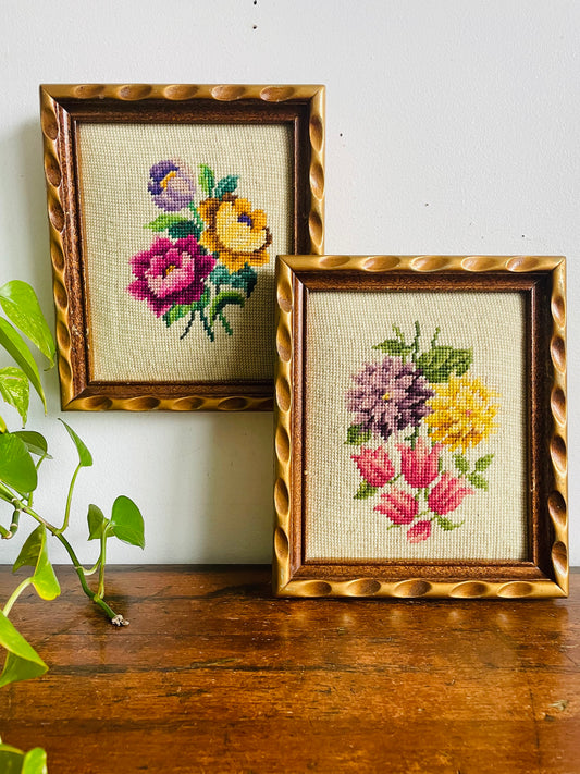 Vintage Floral Needlepoint Embroidery Pictures in Thick Gold Wood Frames - Set of 2