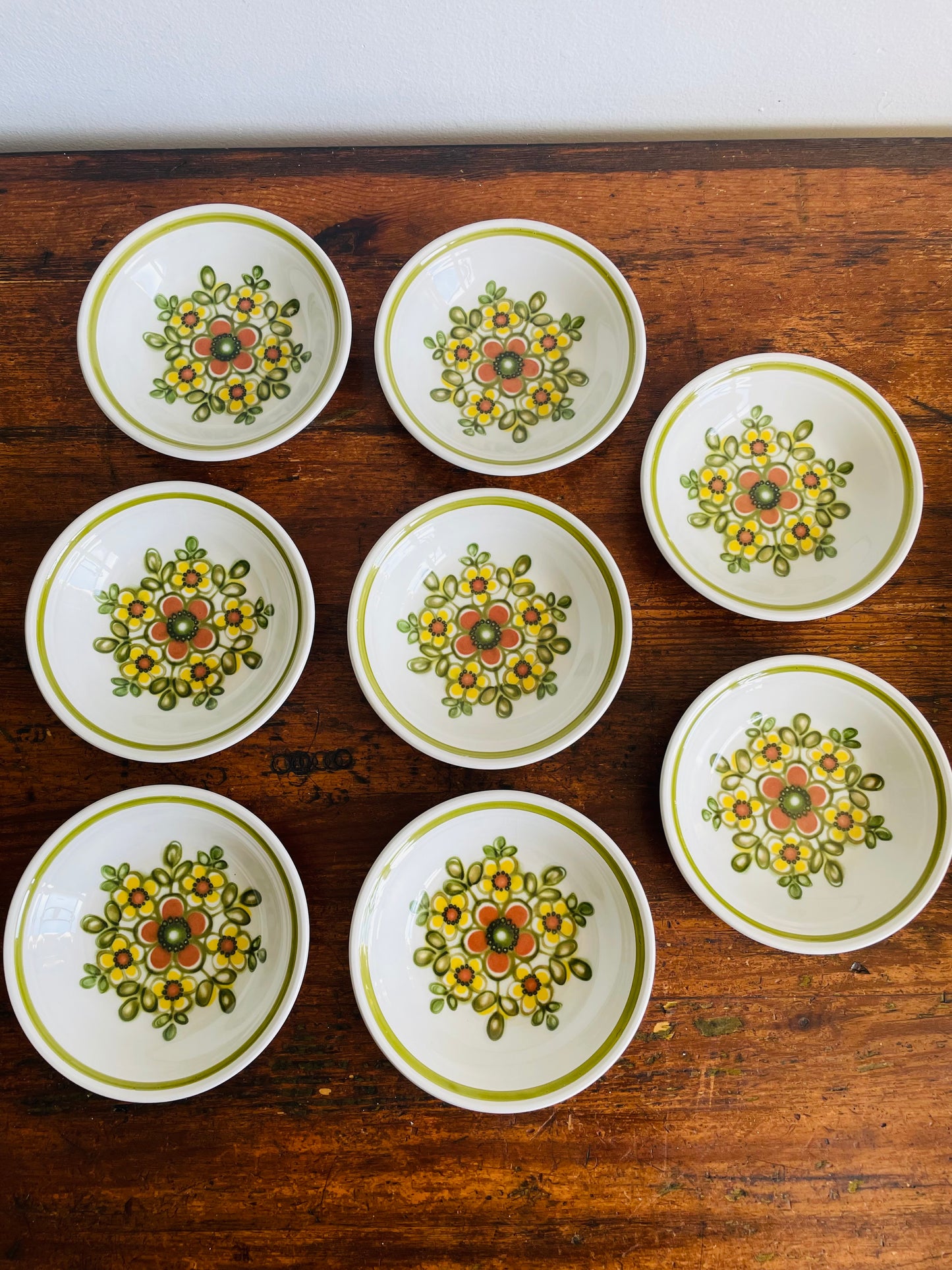 Vintage 5.5" Shallow Snack Bowls with Groovy Orange, Yellow & Green Flower Power Pattern - Mirage Ironstone Ware by Myott - Set of 8 - Made in England