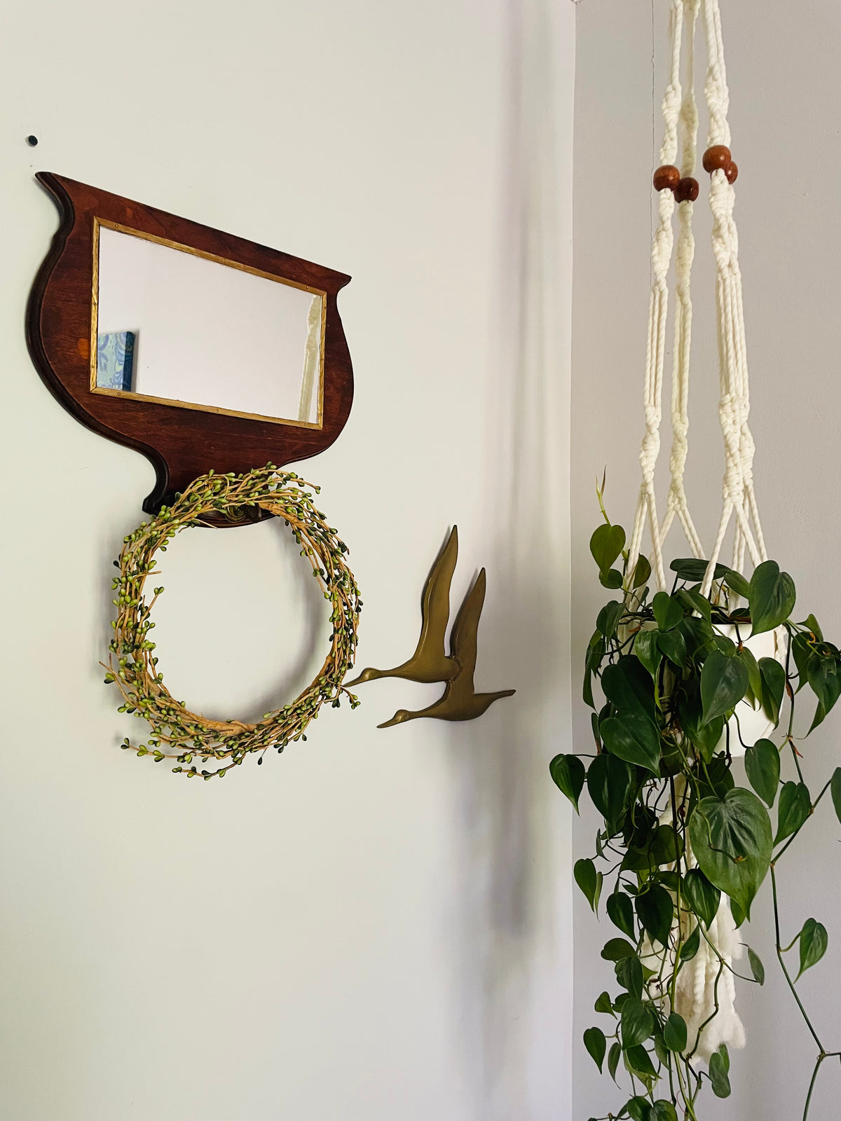 Vintage / Antique Wood Mirror with Gold Trim & Brass Hook for Hanging Items