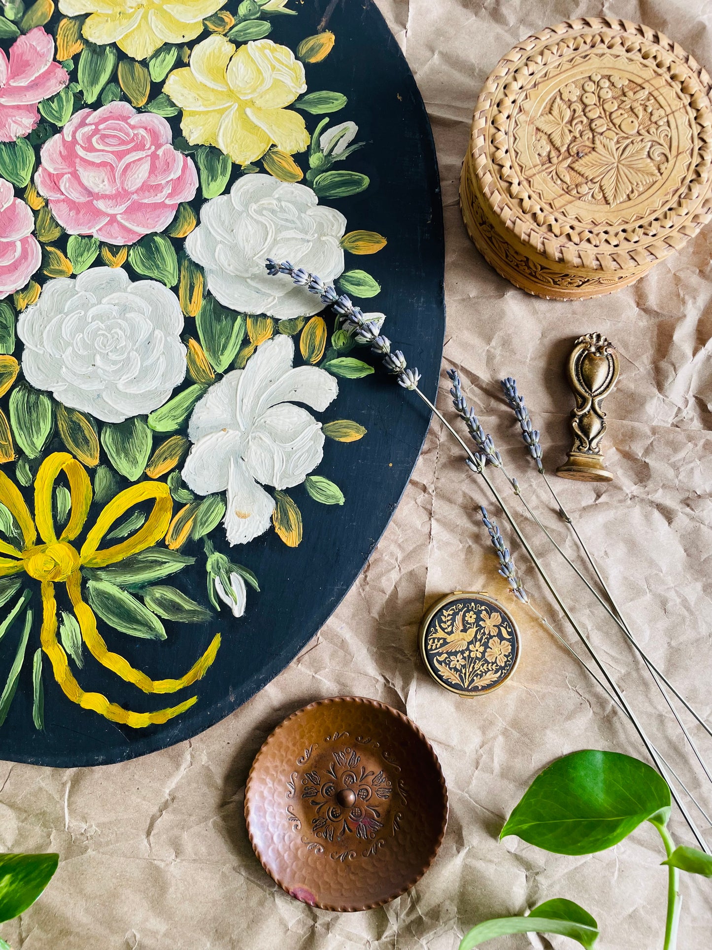 Handmade Round Birch Bark Trinket Box with Lid & Carved Botanical Designs - Found in Lisbon, Portugal