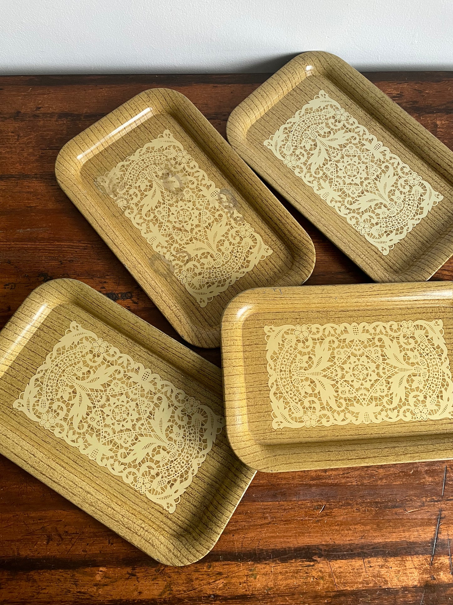 Faux Wood & Doily Design Tin Metal Individual Serving Trays - Set of 4