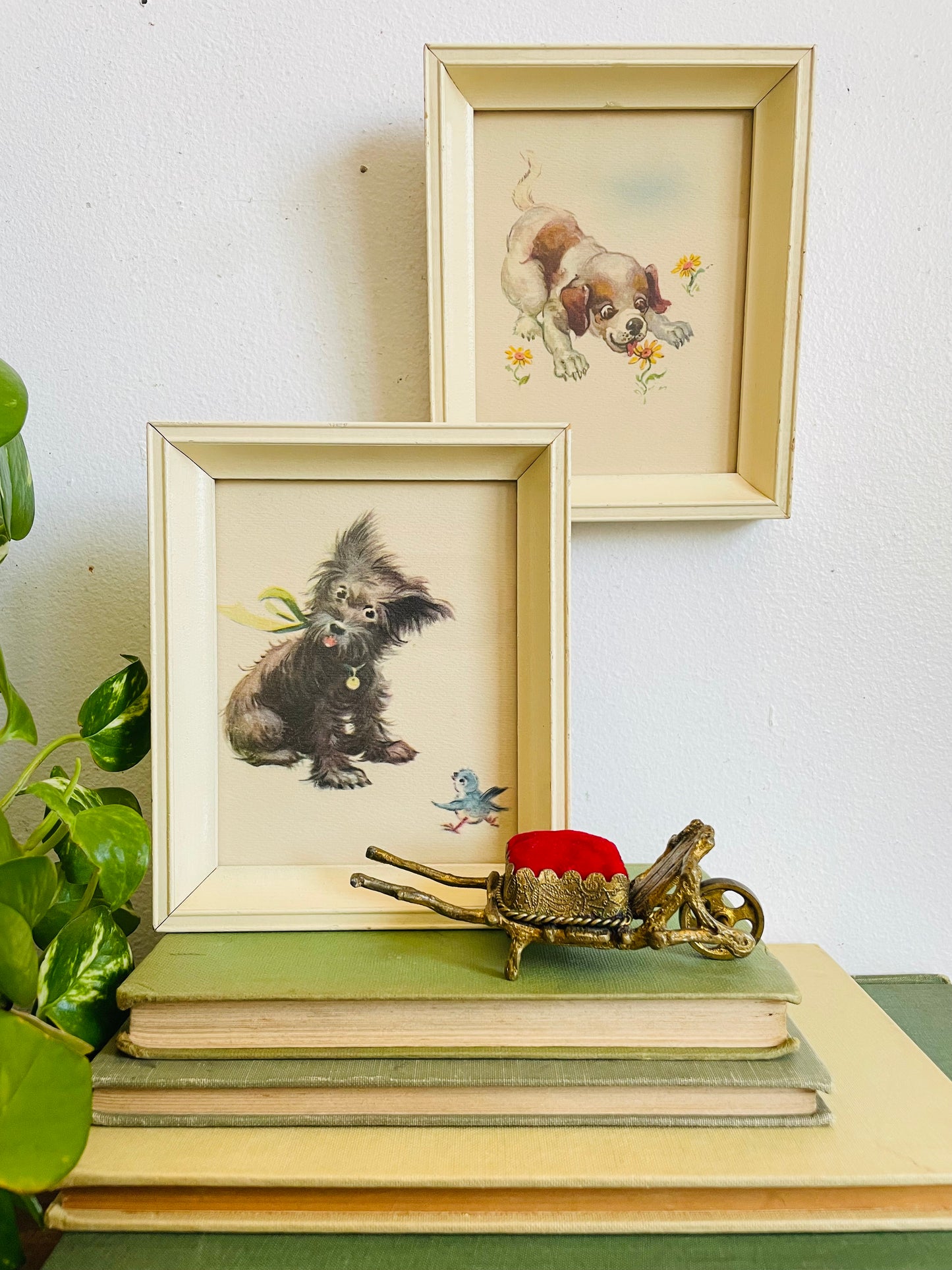 Vintage Adorable & Sweet Puppy Dog Print Pictures in Cream Frames - Set of 2