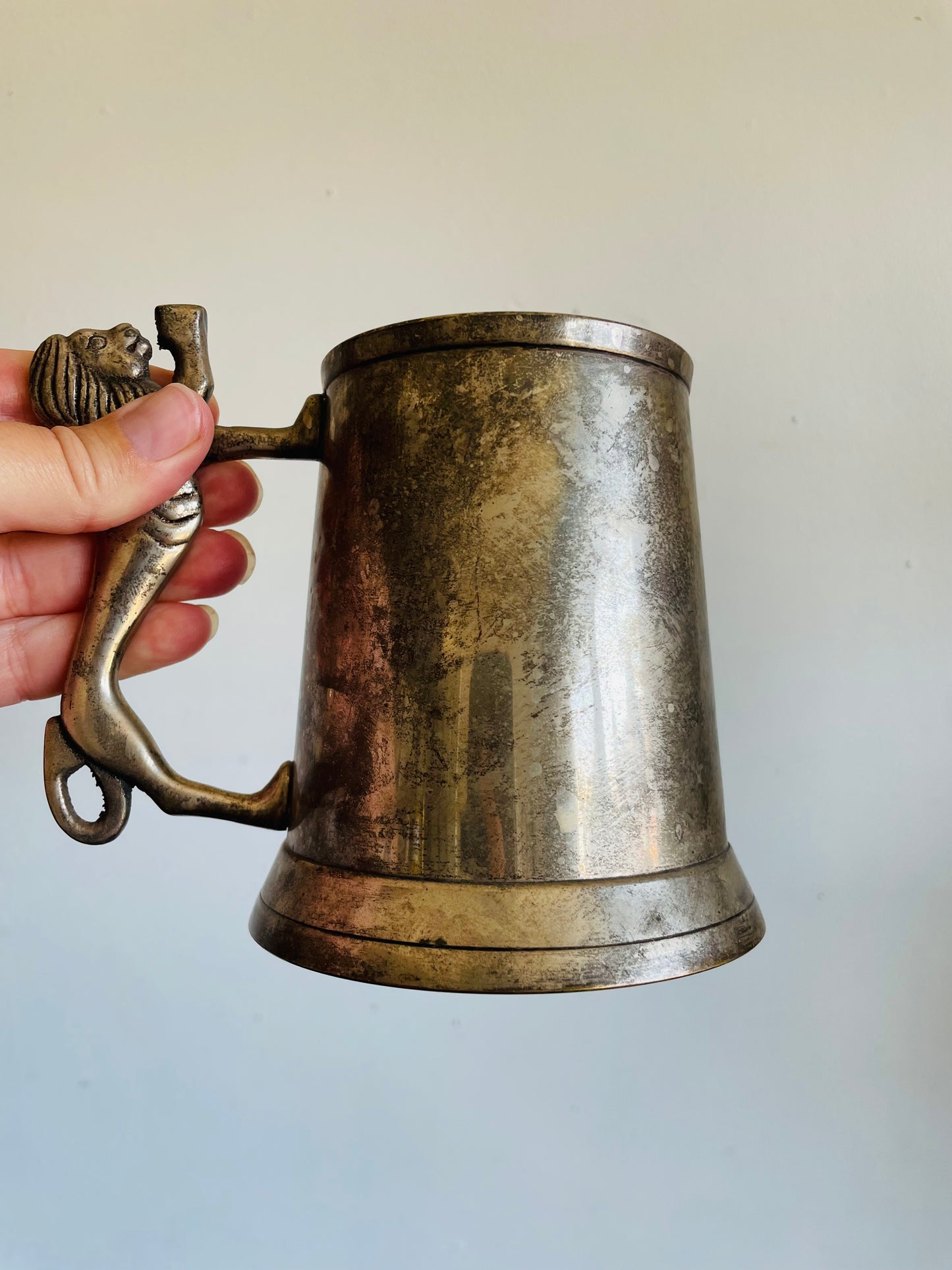 Vintage Sheffield England Pewter Silver Tankard Cup with Lion Handle