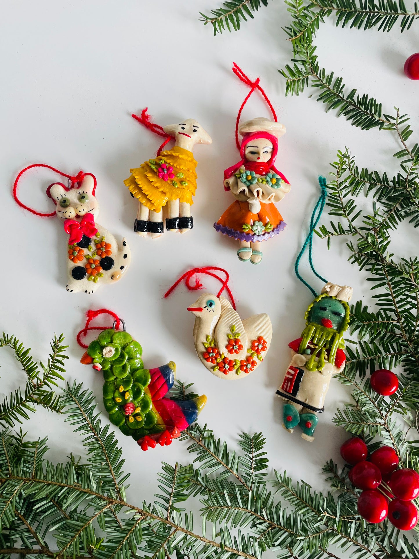 Handmade Salt Dough Folk Ornaments - People, Cat, Dove, Sheep, Parrot - Set of 6