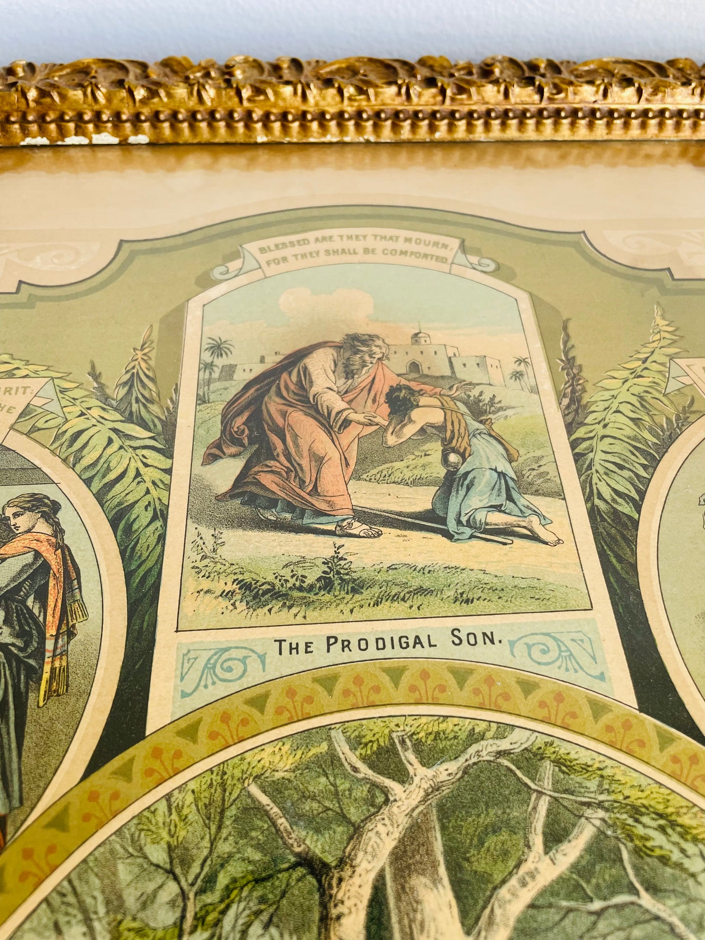 Antique 1800s The Beatitudes Chromolithograph with Bible Pictures Religious Print Picture by Martin Yauch (1882) - Found at Alberton Presbyterian Church - Once Owned by David Richardson from Ancaster, Ontario