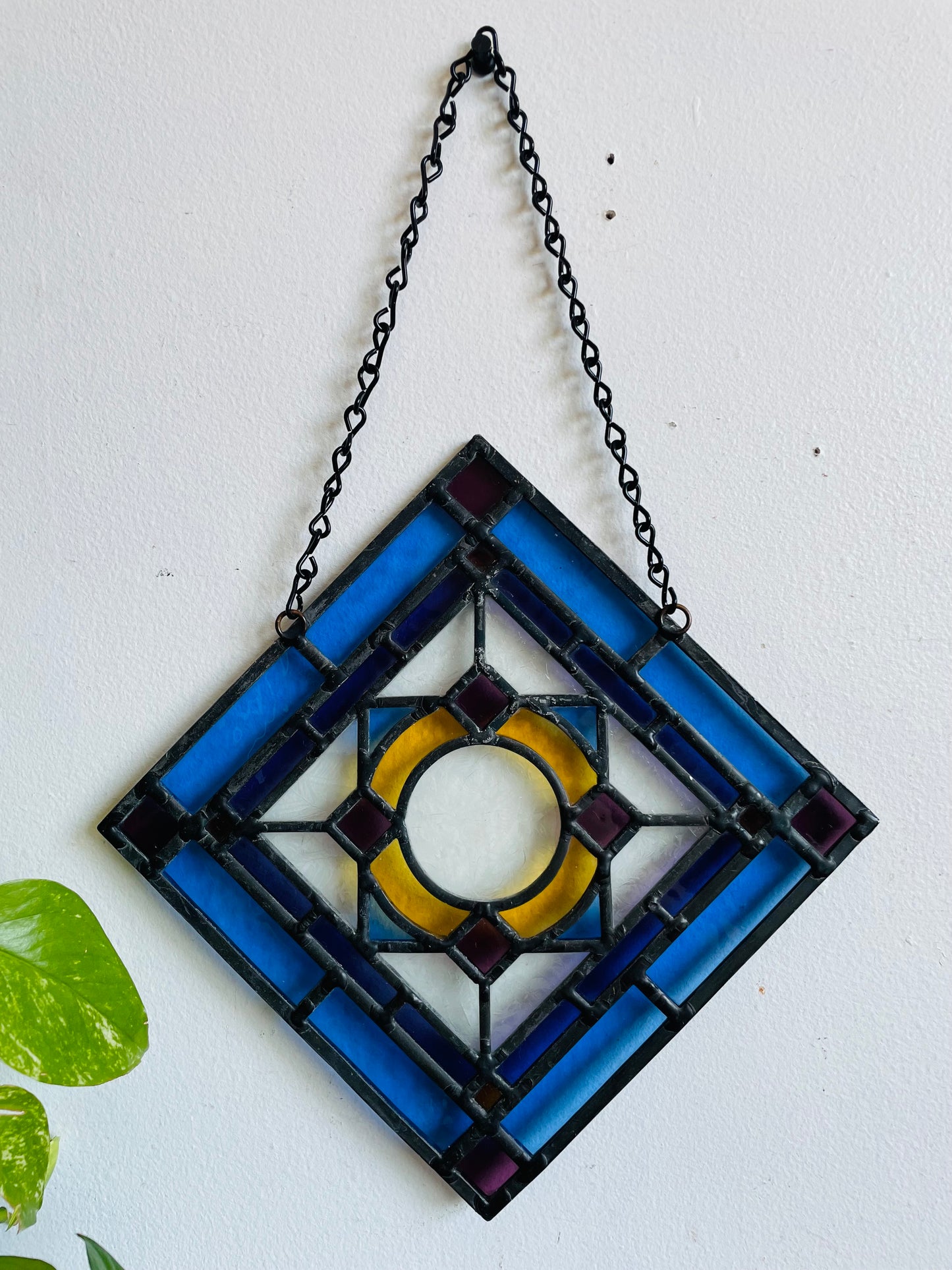 Vintage Hanging Blue, Purple & Yellow Stained Glass Suncatcher Window Decor