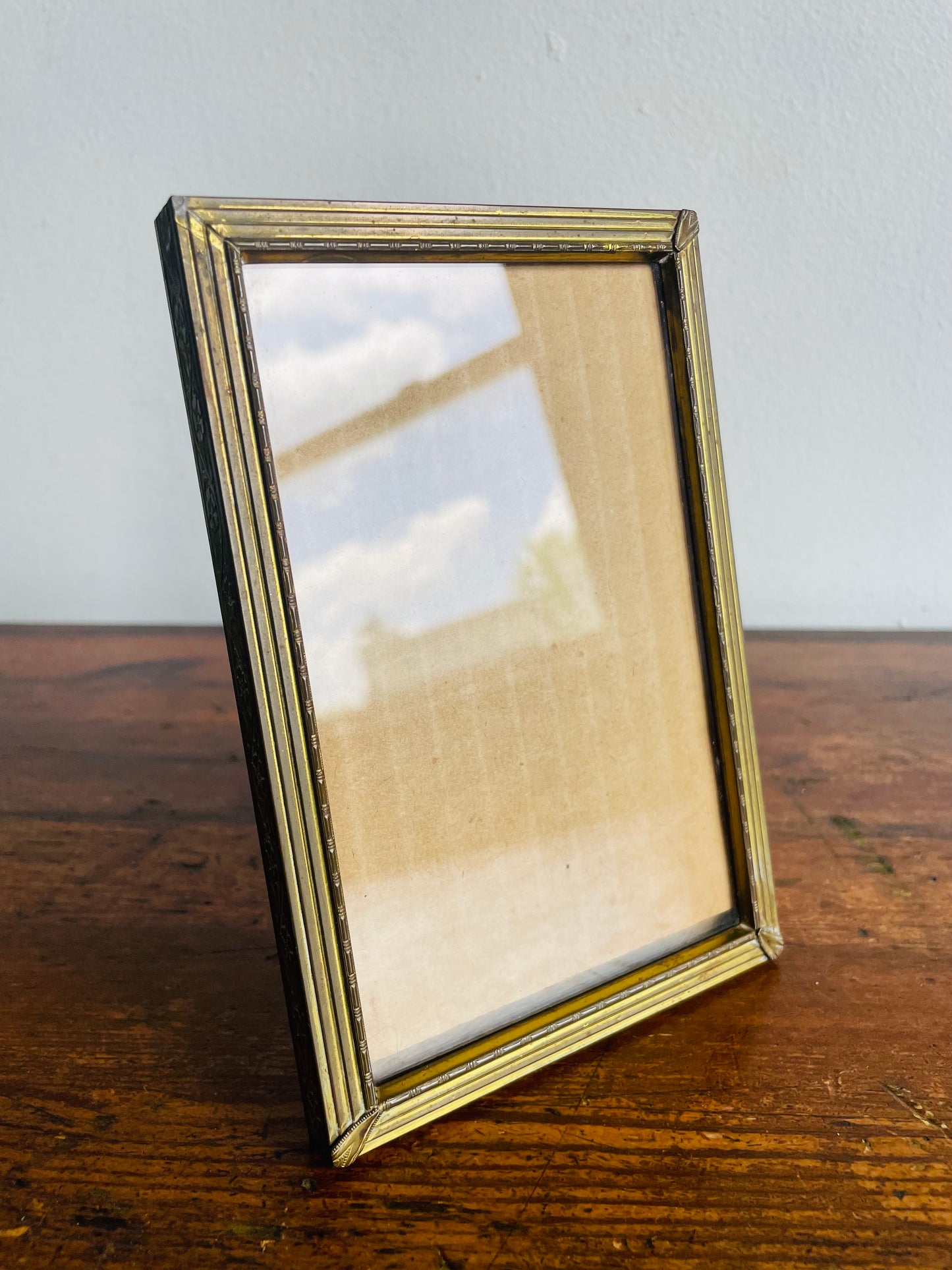 Aged Patina Brass Picture Frame with Etched Details - Easel Prop for Standing - 3.25" by 5.25" Photo Size