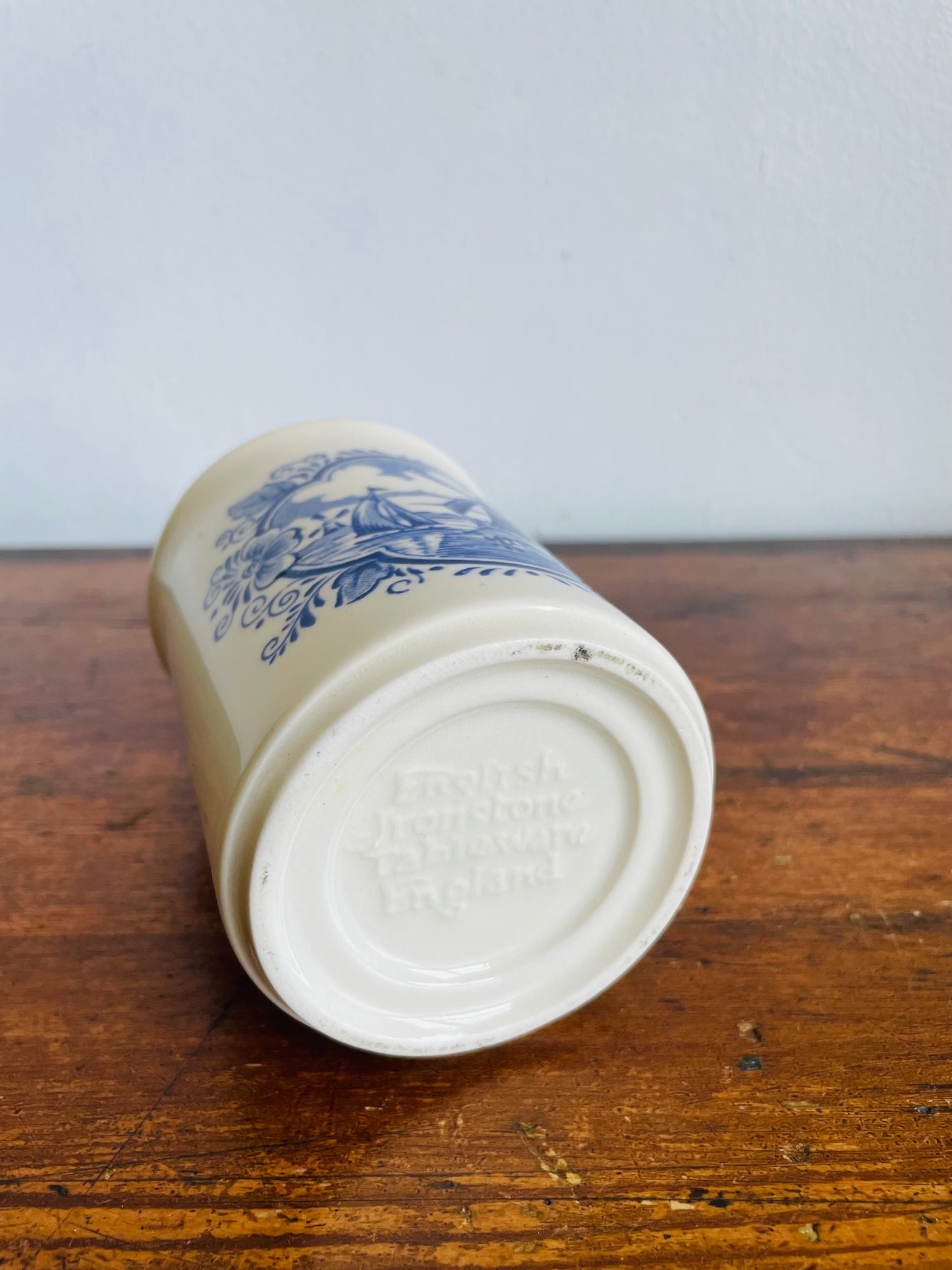 Vintage Blue & White Cup with Dutch Windmill & Sailboat Scene - English Ironstone Tableware - Vase, Pencils, Toothbrush Holder, Etc.