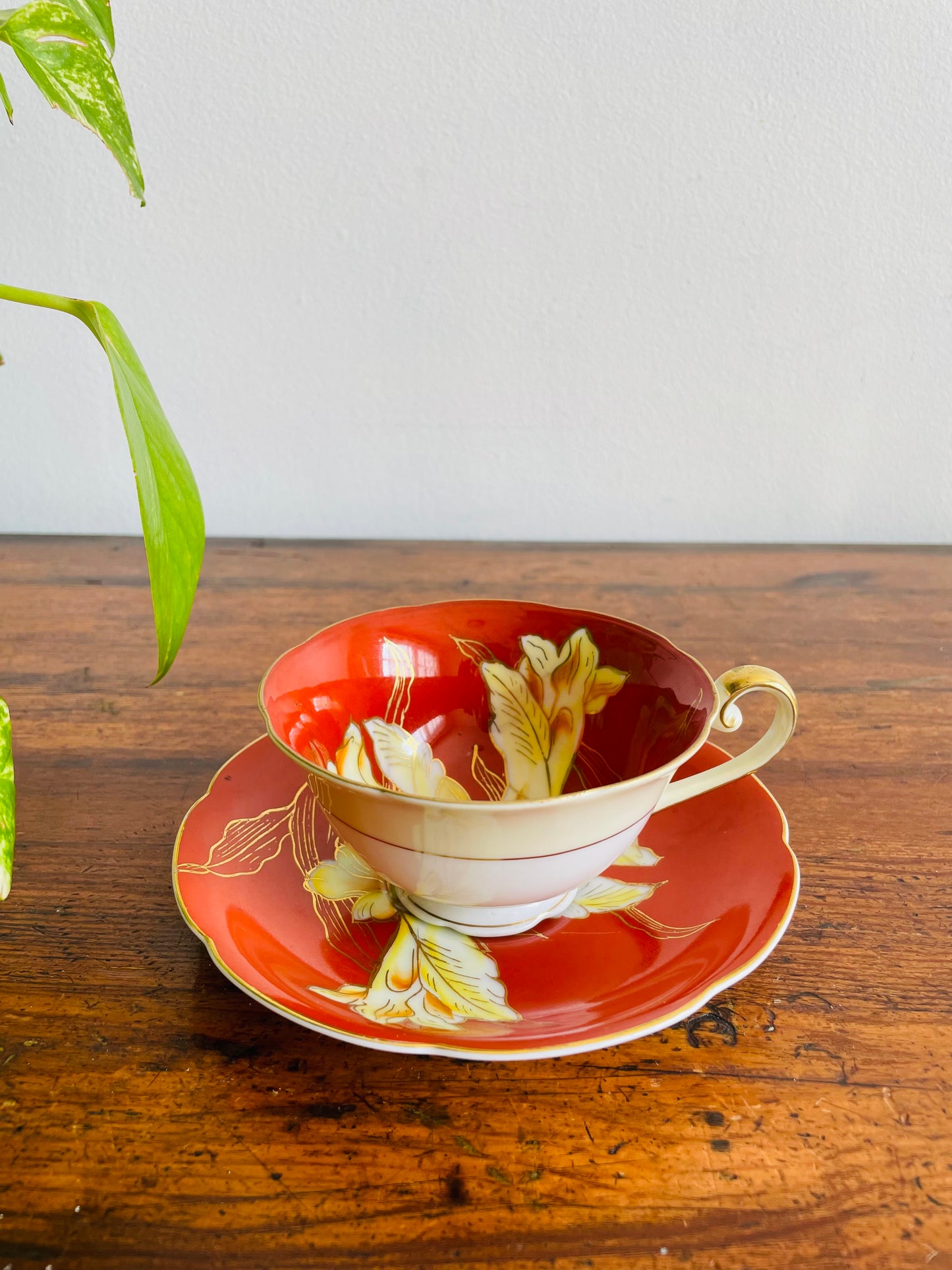 1940s Diamond China Burnt Orange Tea Cup & Saucer with White Iris Flower Design - Made in Occupied Japan