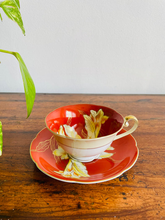 1940s Diamond China Burnt Orange Tea Cup & Saucer with White Iris Flower Design - Made in Occupied Japan