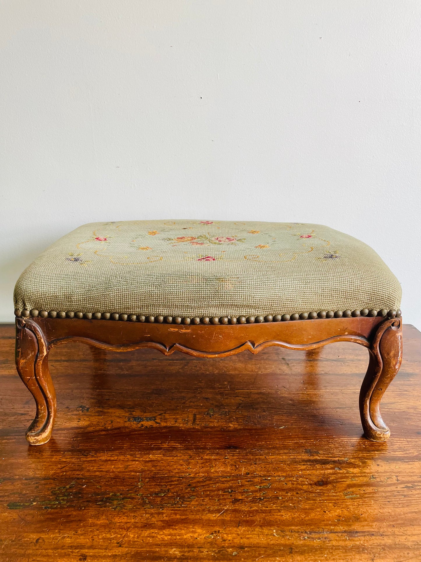 Antique Victorian Solid Wood & Floral Needlepoint Embroidery Footstool