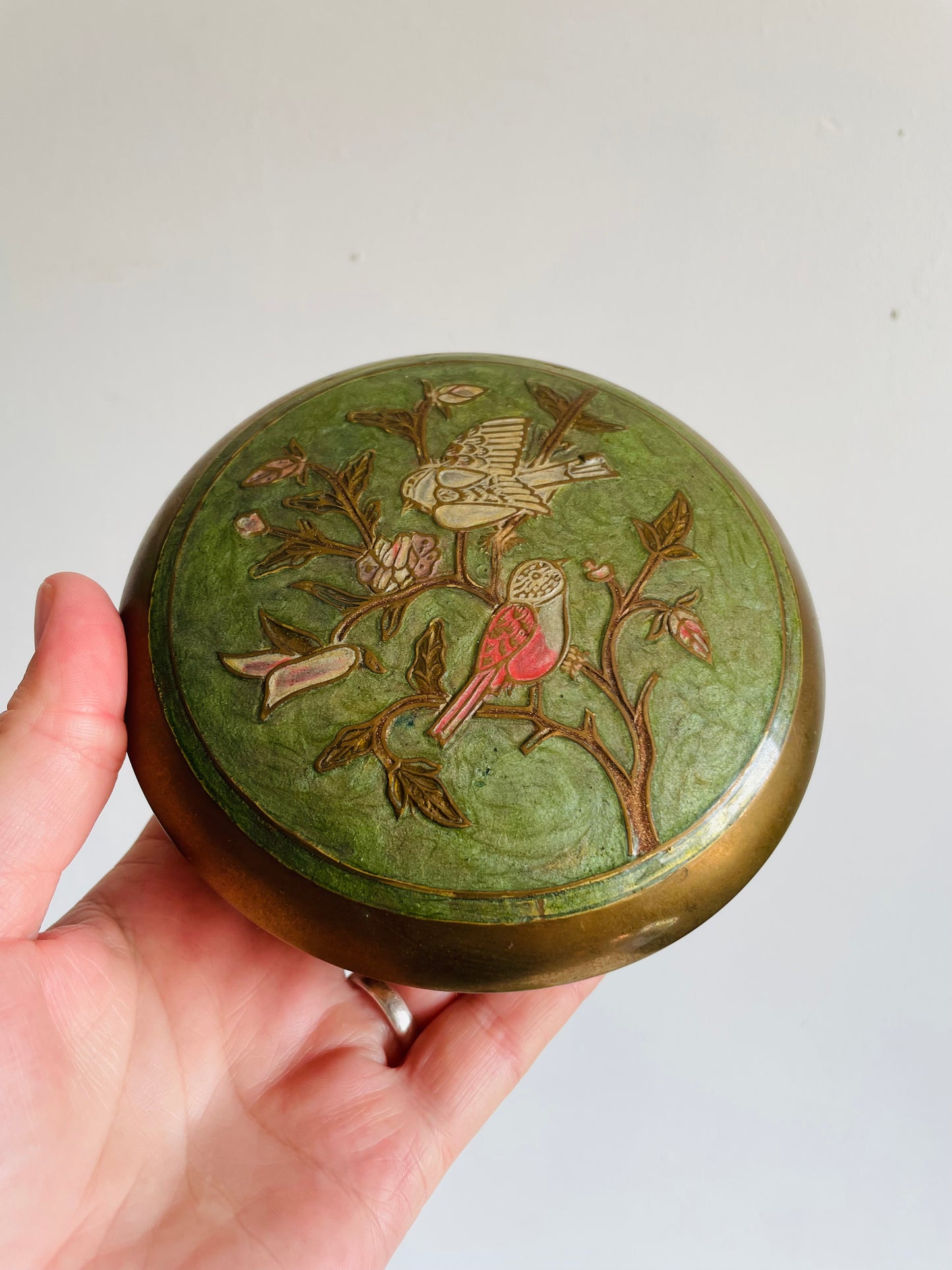 Round Solid Brass Trinket Jewellery Box with Enamelled Lid & Bird Design - Made in India