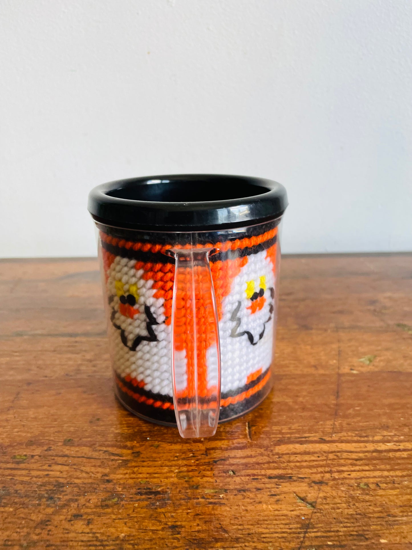Vintage Halloween Mug with Plastic Canvas Yarn Embroidery Design of Smiling Ghosts