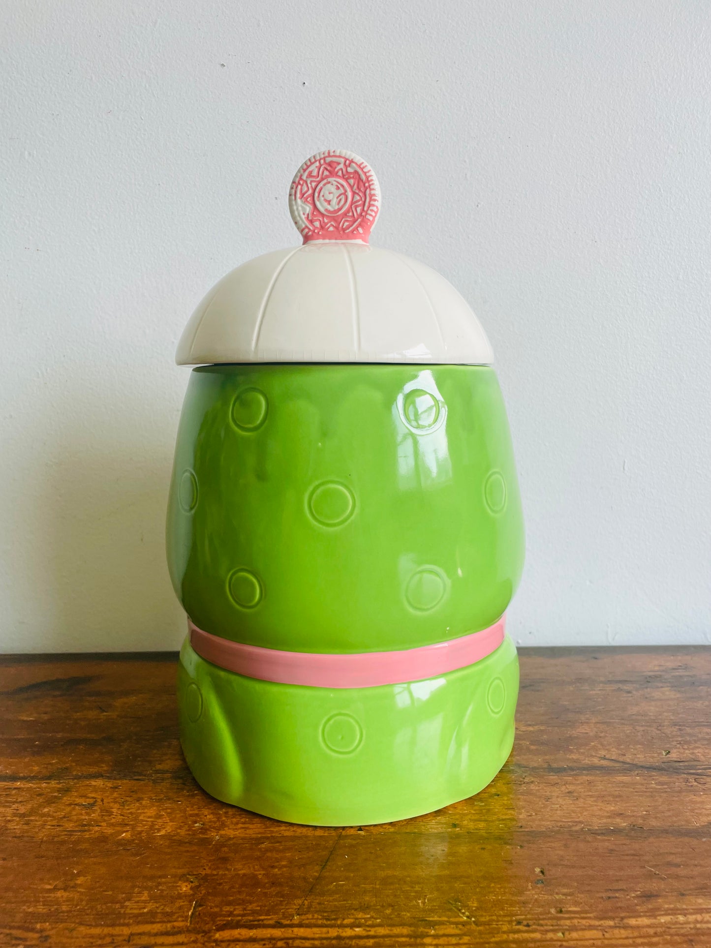 Adorable Bright Green & Pink Frog Cookie Jar - Made in Japan