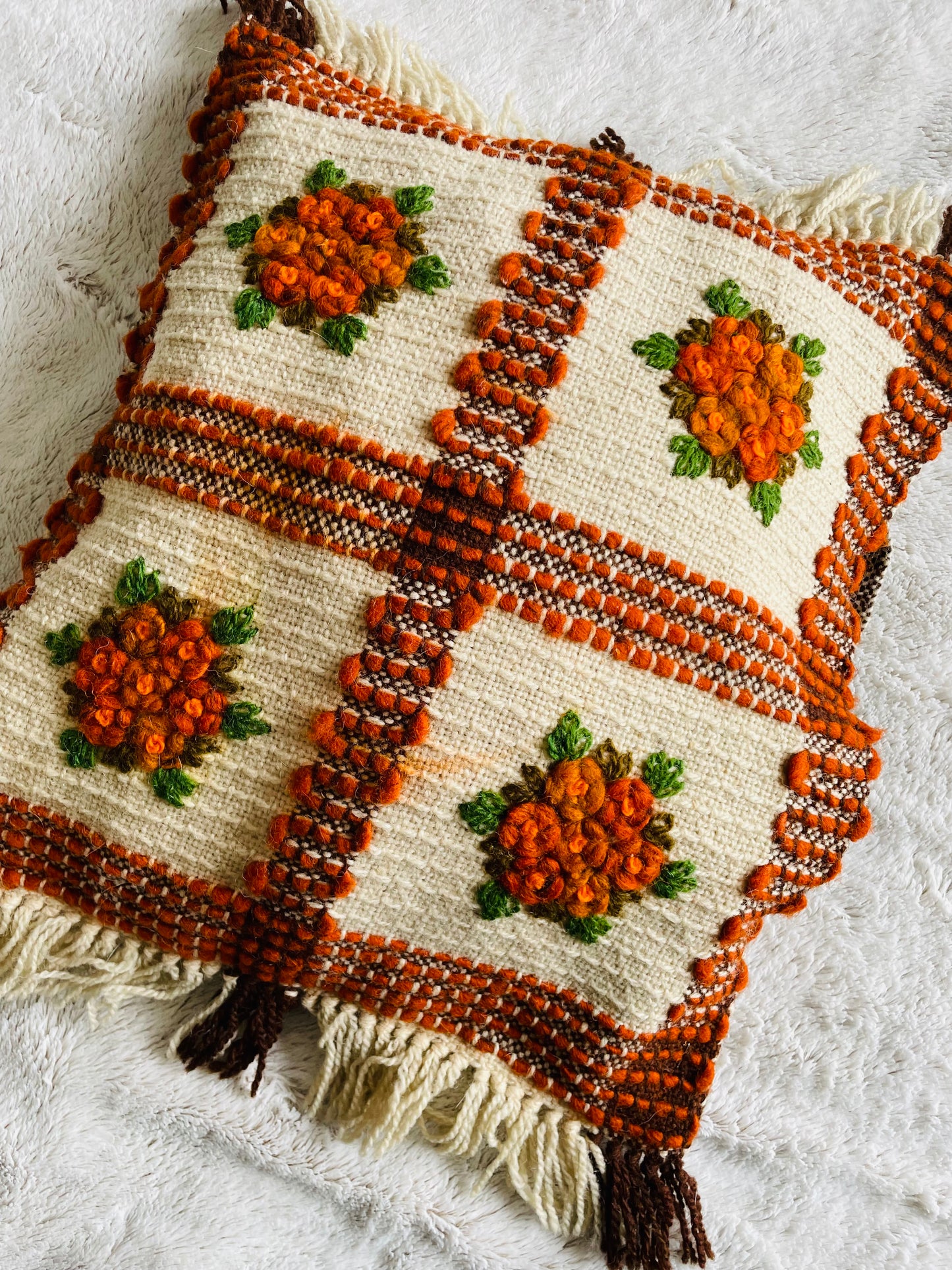 Polish Hand Knotted Woven Wool Throw Pillowcase with Embroidered Flowers