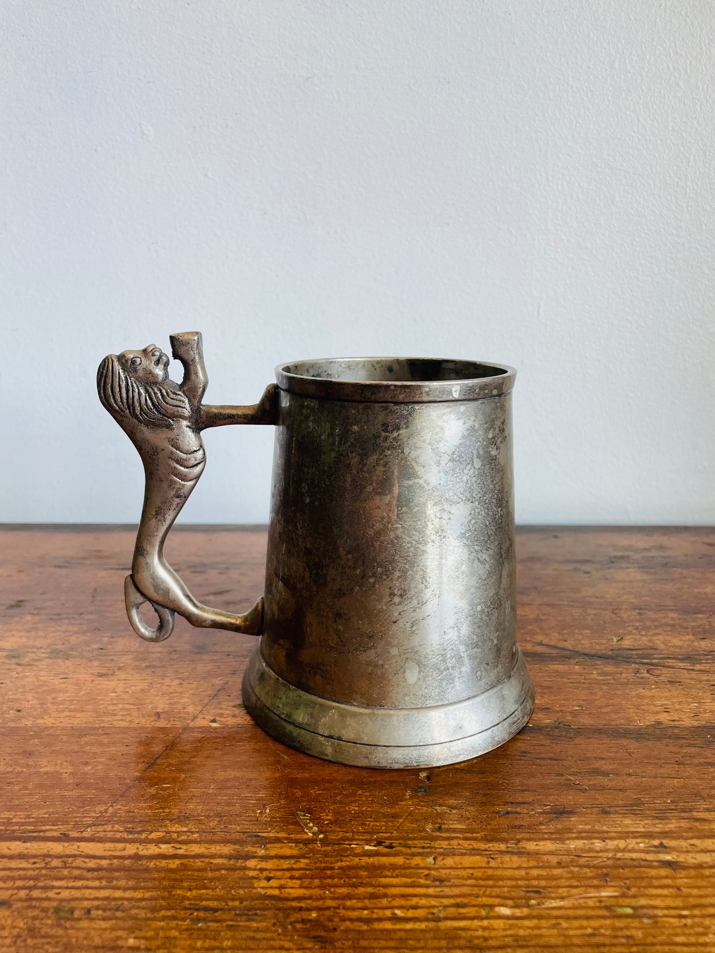 Vintage Sheffield England Pewter Silver Tankard Cup with Lion Handle