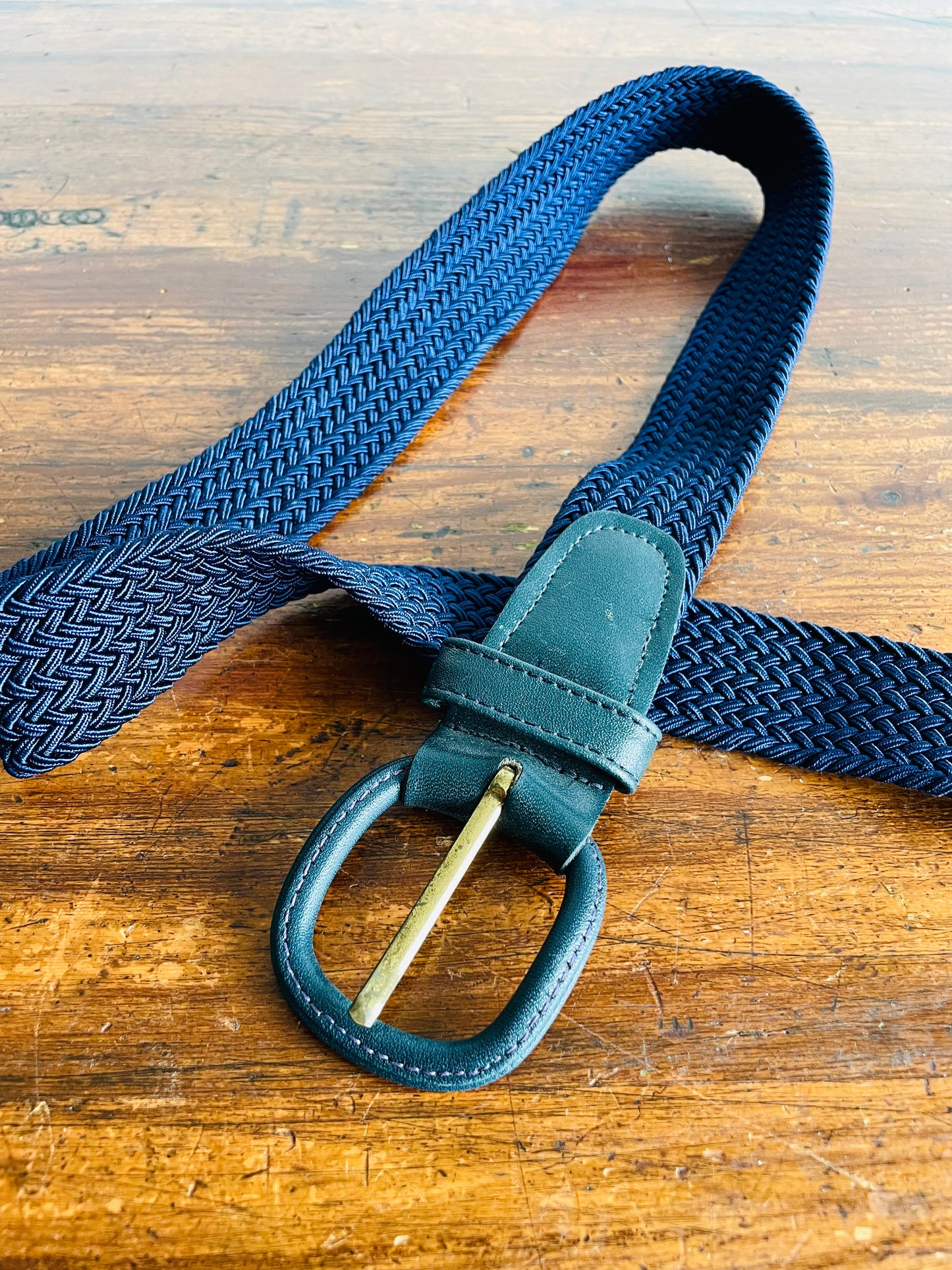 Navy Blue Braided Rope Belt with Leather Buckle - Very Stretchy Rope!