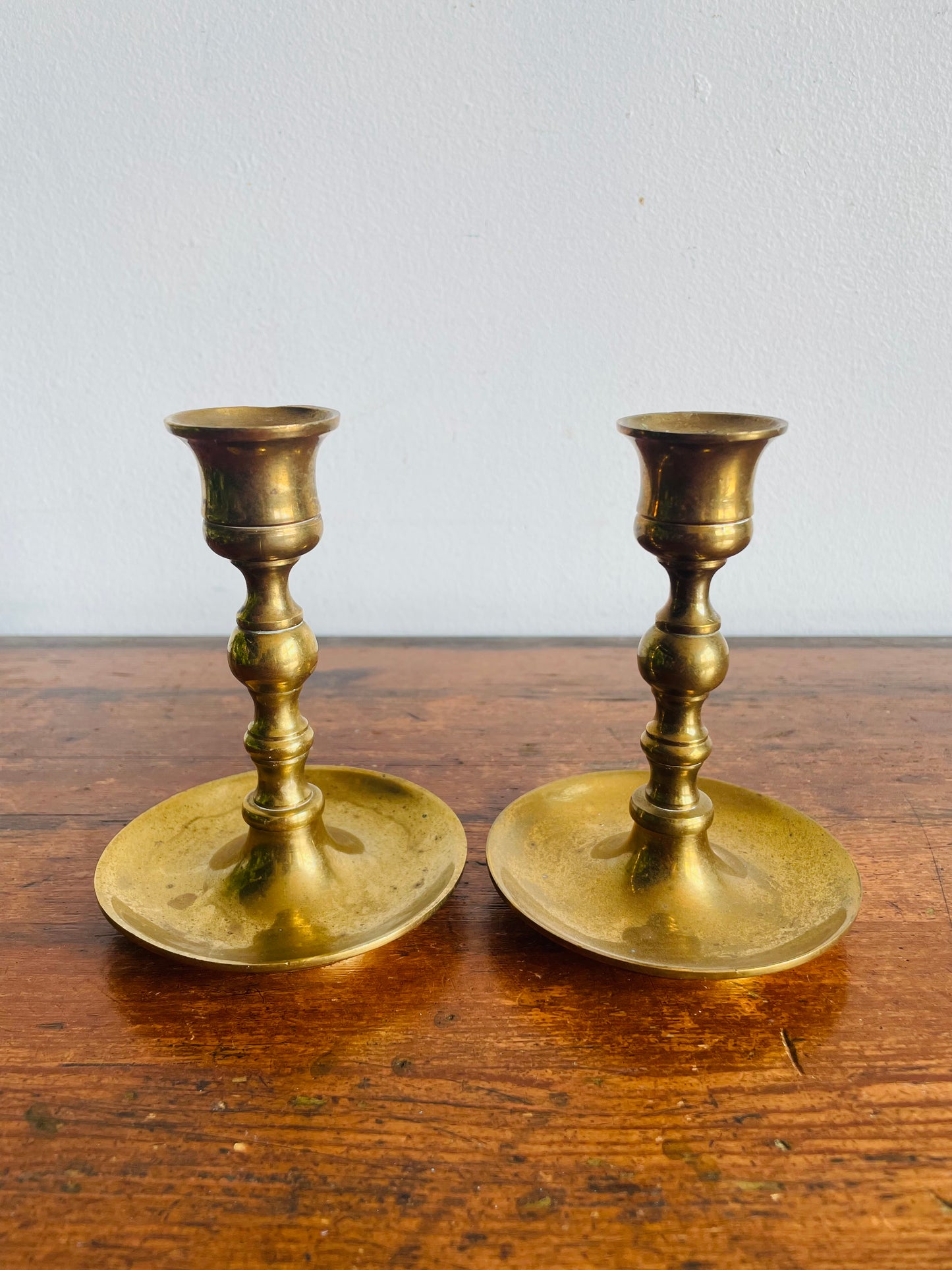 Vintage Heavy & Solid Brass Candle Holders with Spindle Shape & Curved Bases - Can Unscrew - Set of 2