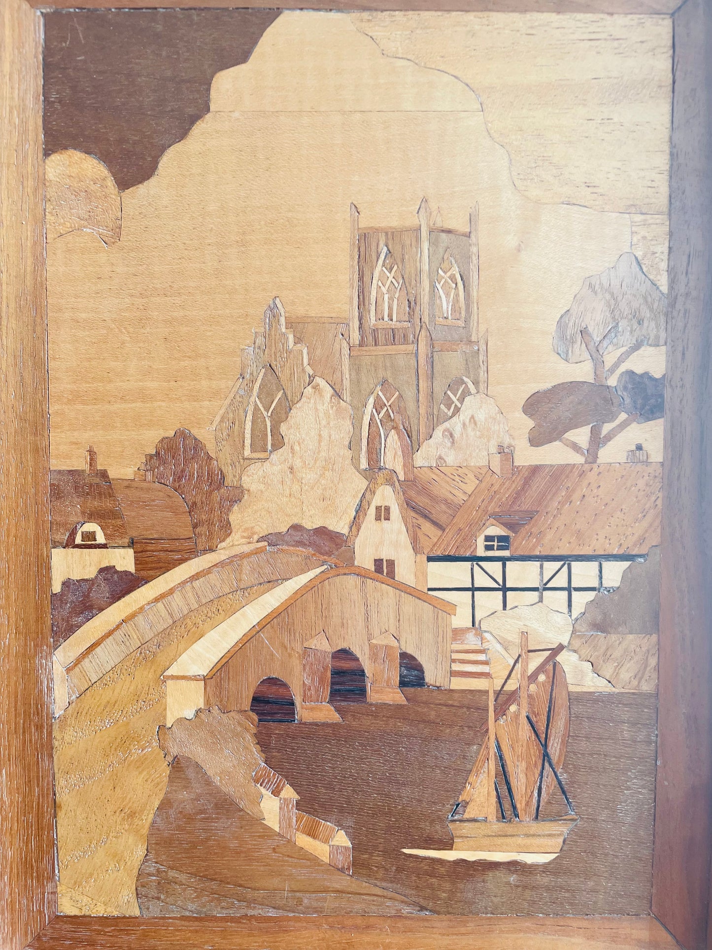 Handmade Framed Inlaid Wood Marquetry Picture - The Village Church by Harold Hurst