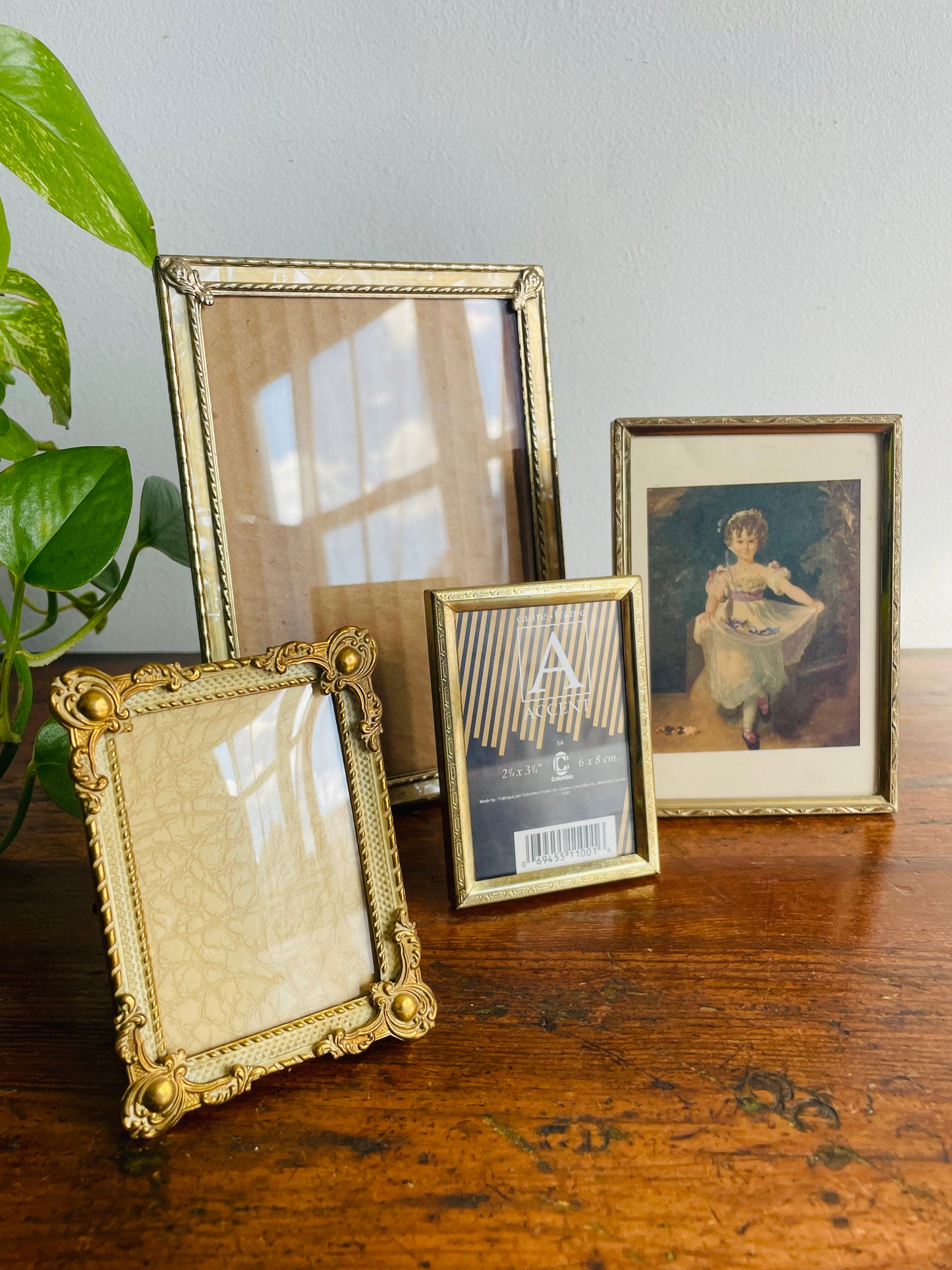 Vintage Collection of Brass Picture Frames with Easel Backs - Set of 4 - One Also Has Hook for Hanging