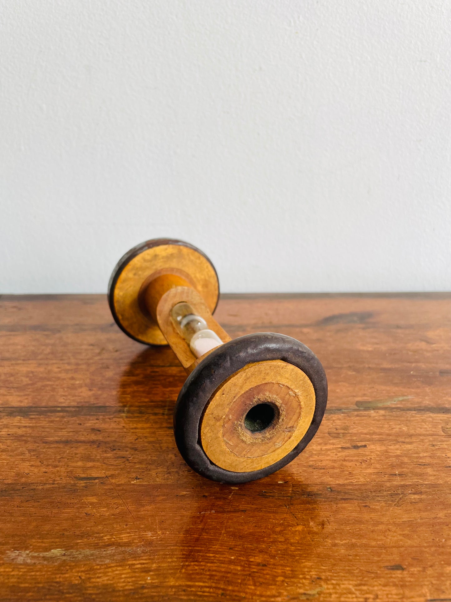 Hourglass Egg Timer Built Into Wood & Metal Bobbin Spool - 3.5 Minutes