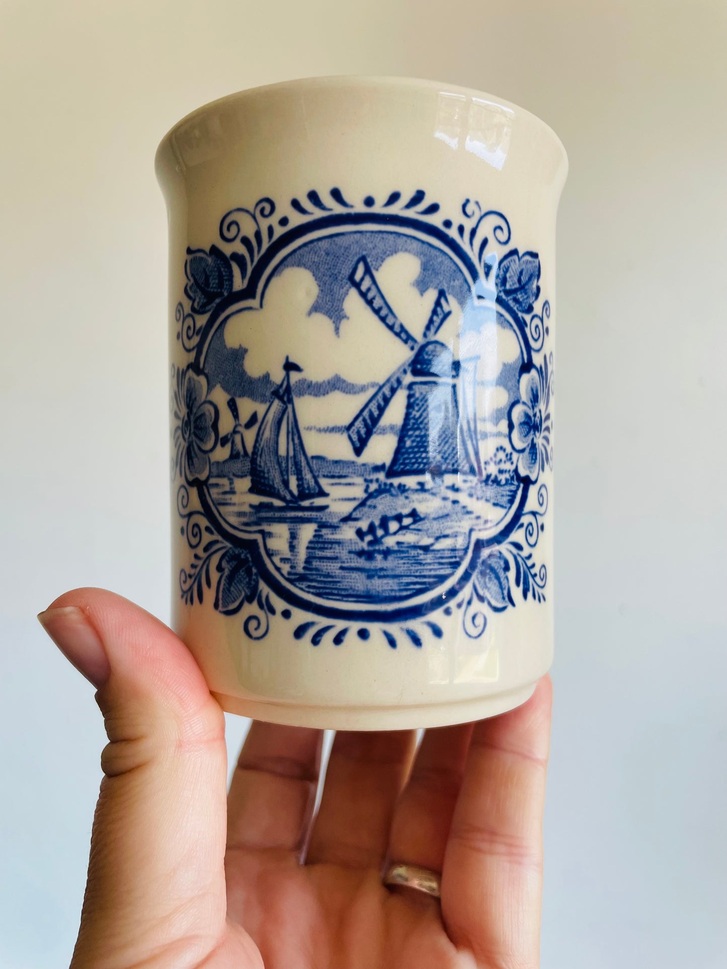 Vintage Blue & White Cup with Dutch Windmill & Sailboat Scene - English Ironstone Tableware - Vase, Pencils, Toothbrush Holder, Etc.