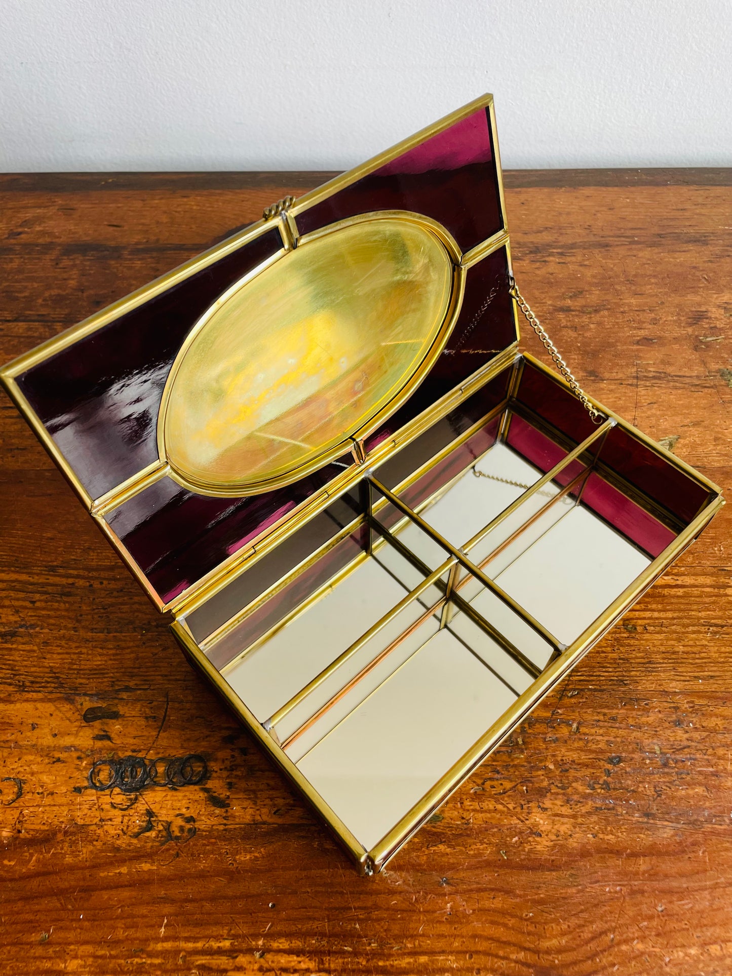 Enesco Corporation Purple Glass & Brass Divided Sectional Jewellery Box with Flower Lid - Made in Mexico