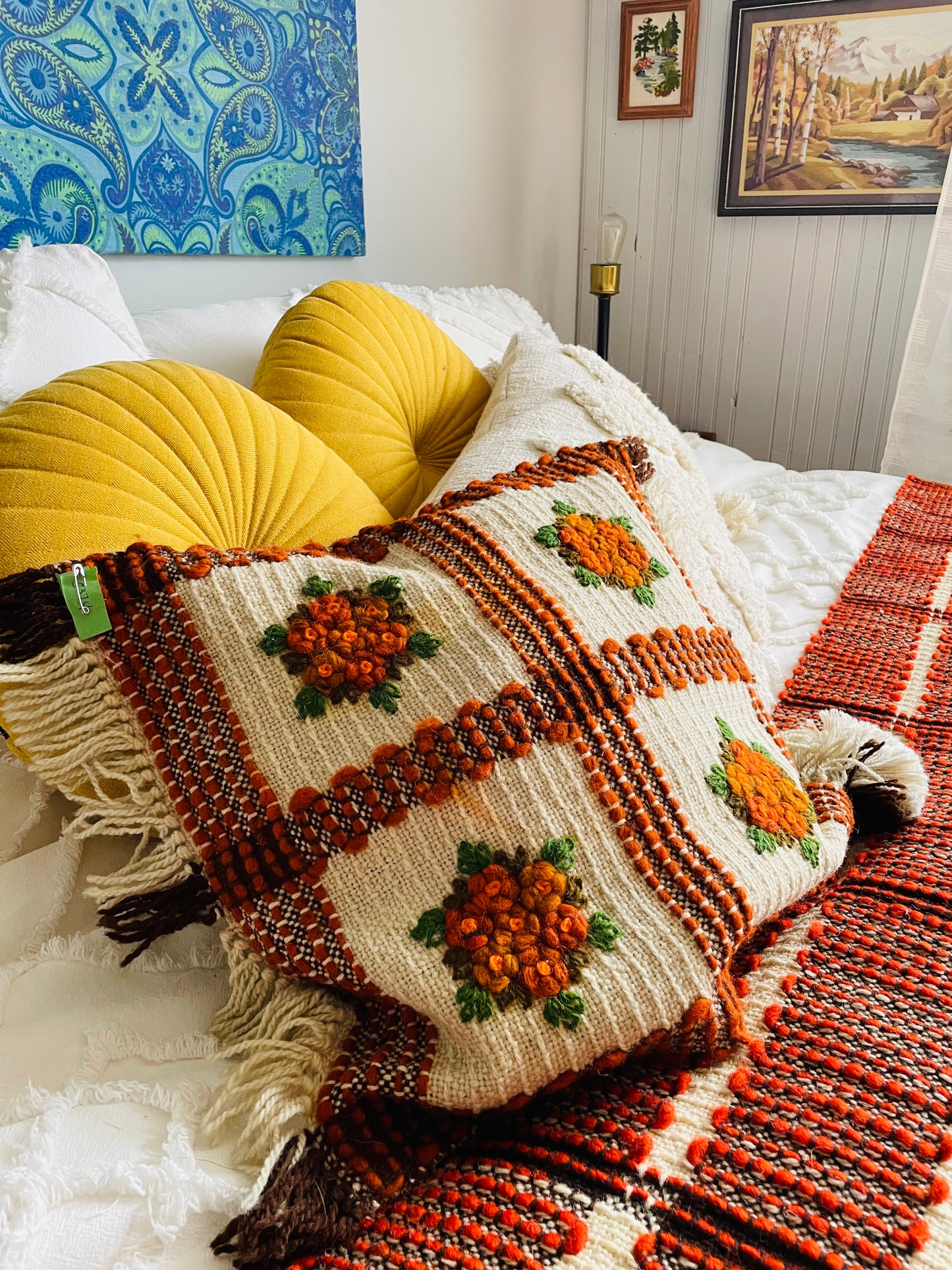 Polish Hand Knotted Woven Wool Throw Pillowcase with Embroidered Flowers