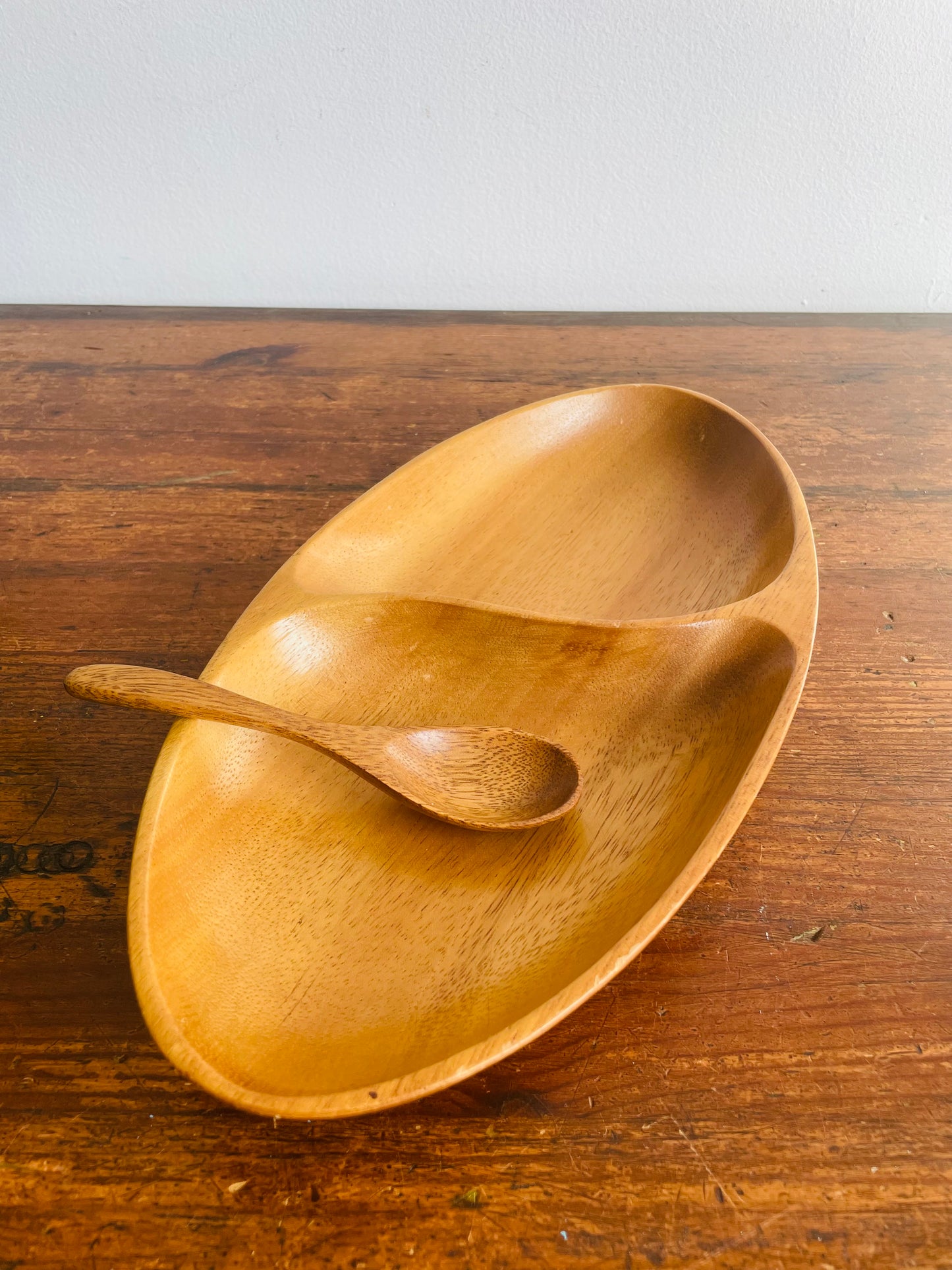 Divided Wood Serving Dish with Spoon - Set of 2 Pieces