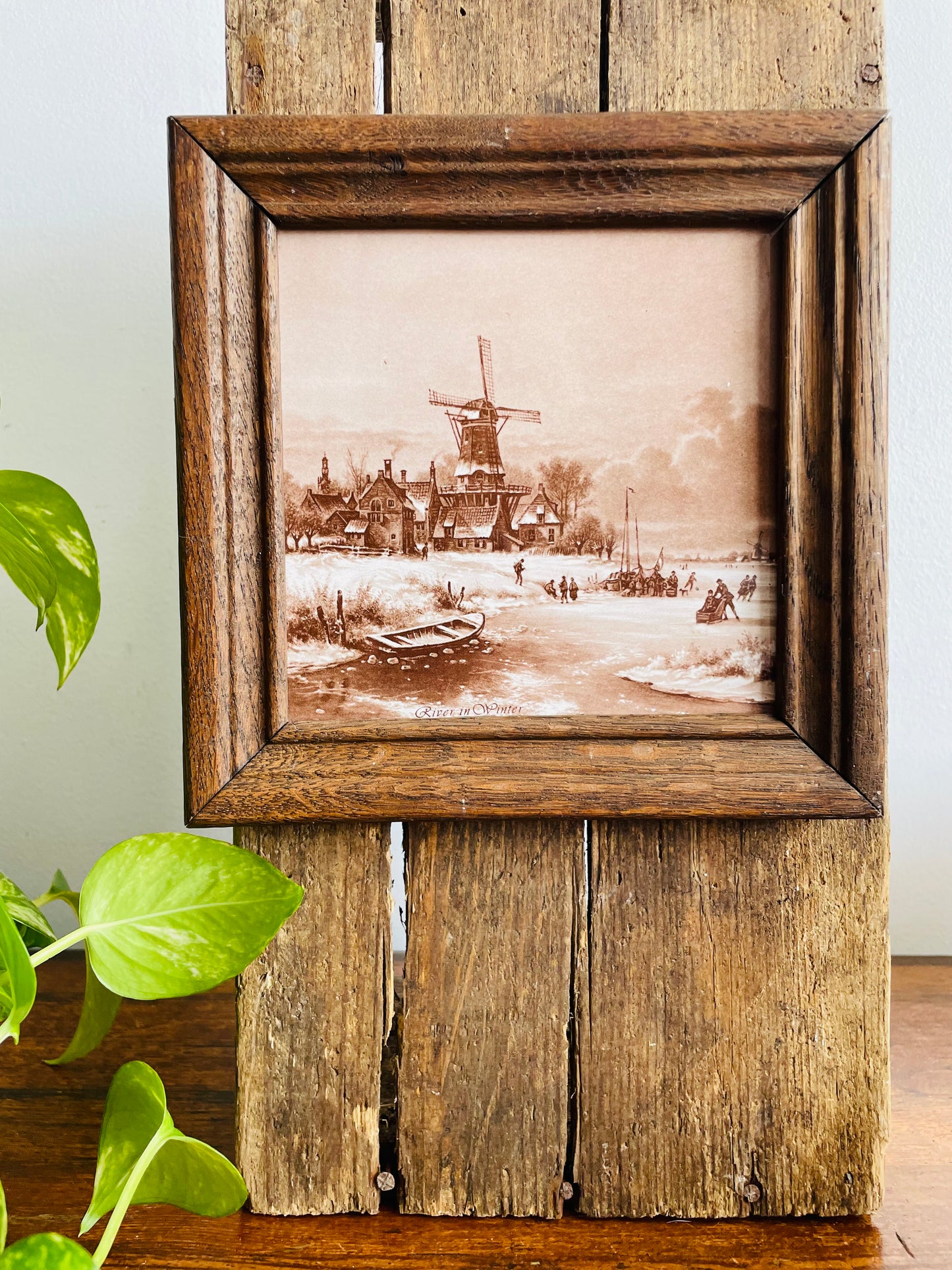 Framed Mosa Tile with Sepia Toned Village Scene - River in Winter - Made in Holland
