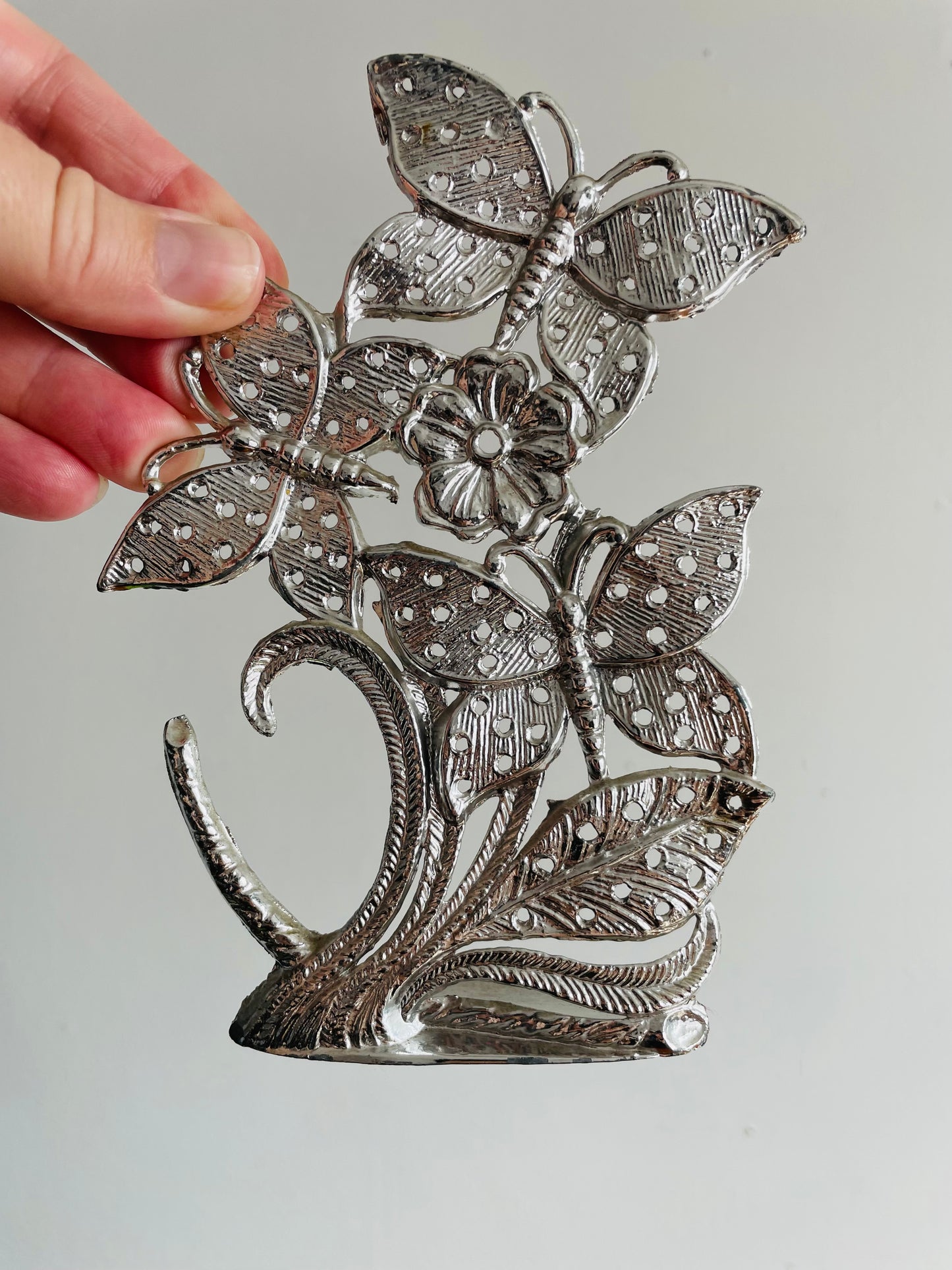 Torino Silver Metal Earring Holder with Butterflies & Flower