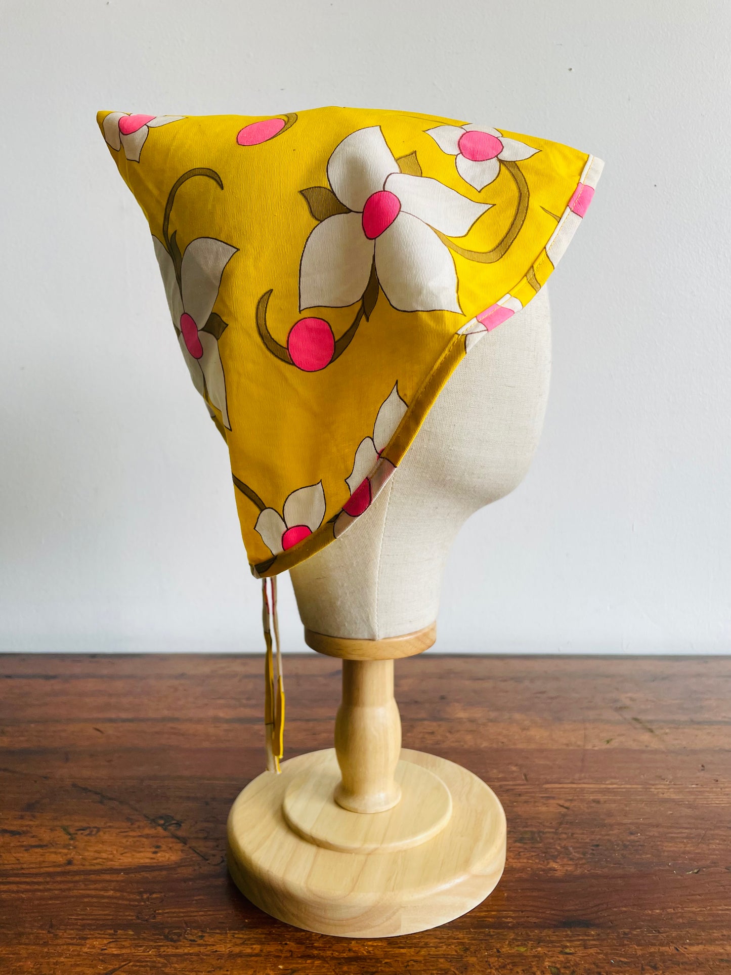 Groovy Yellow Fabric Triangle Pouch Holder or Hat with White & Pink Flower Design - Solve the Mystery of What This Is!