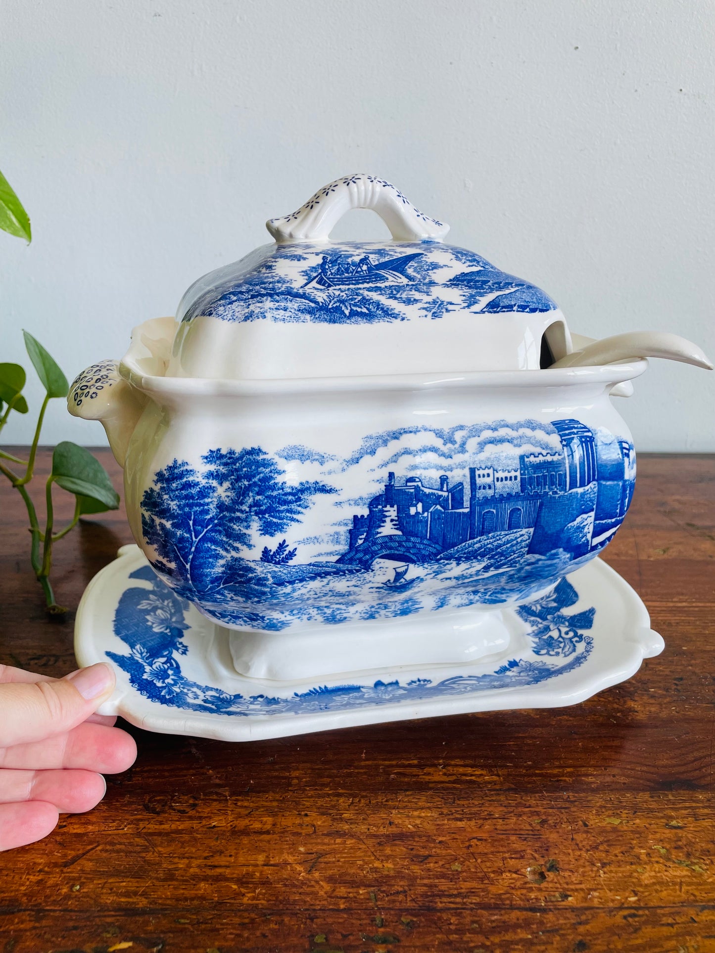 Vintage Large Blue & White Transferware Soup Tureen with Tray, Lid & Ladle with River Castle Scene - 4 Pieces