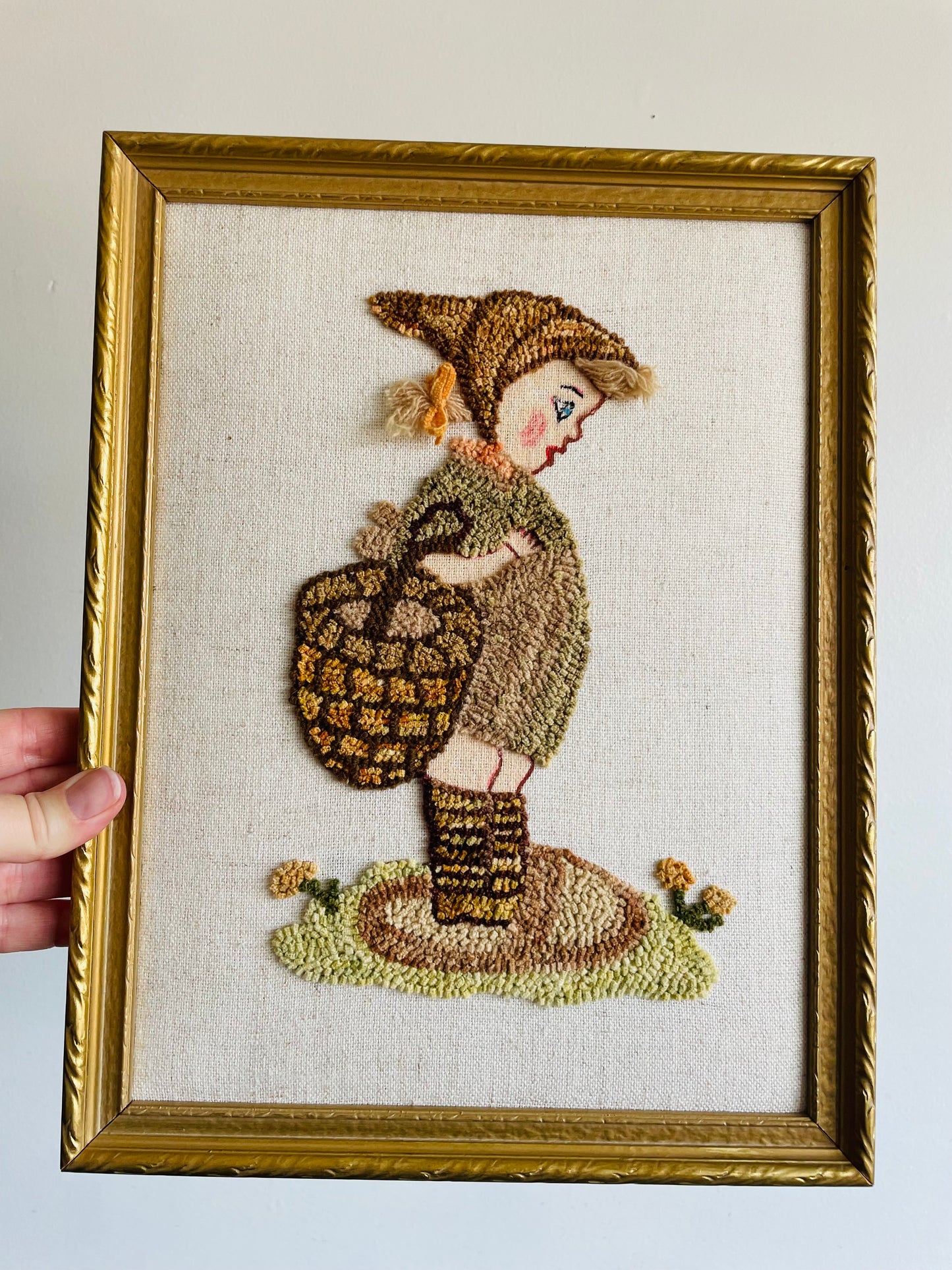 Woodland Forager Girl Rug Hook Embroidery Picture - October 1979