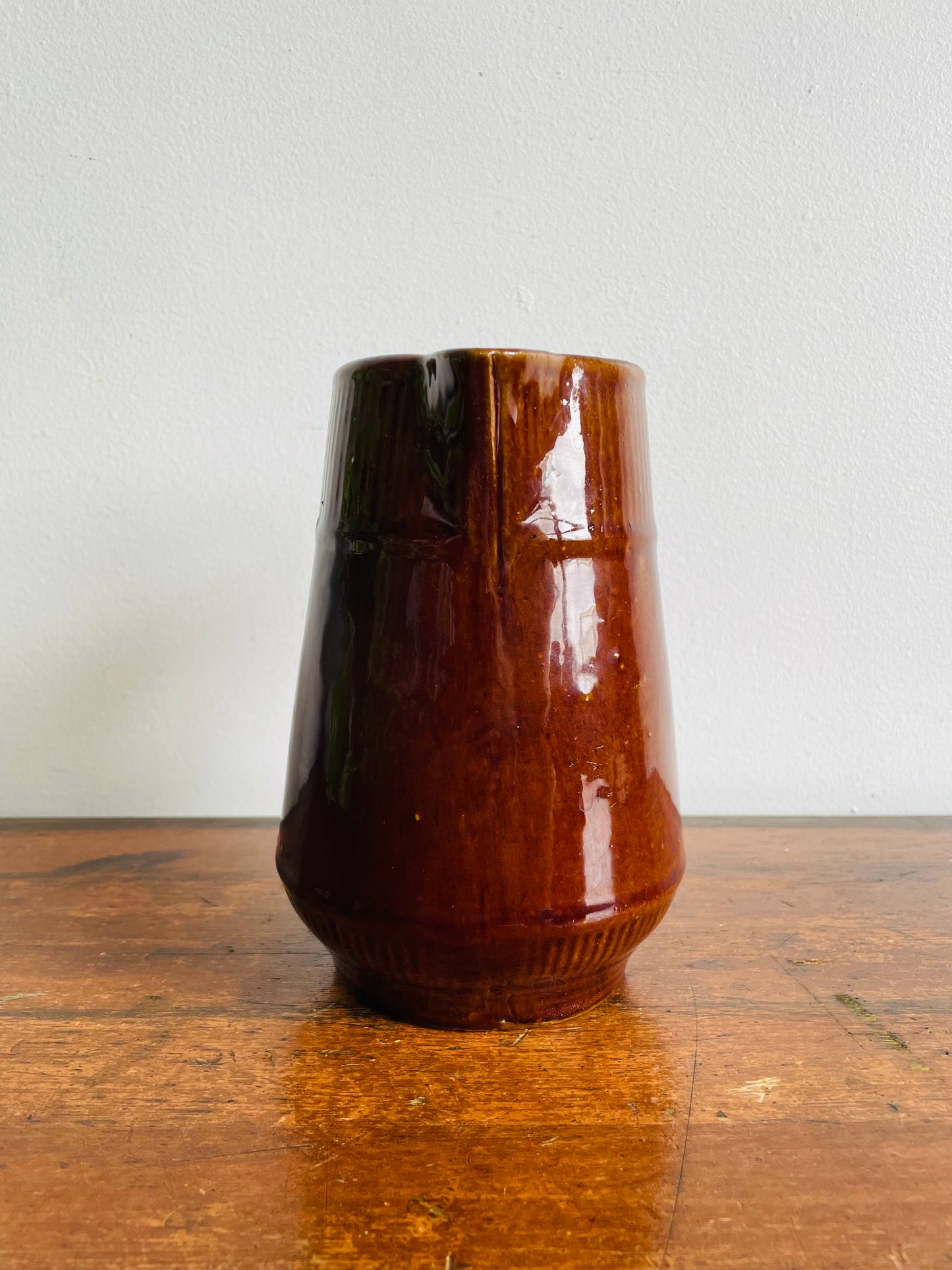 Brown Ribbed Pitcher Jug Vase with Handle