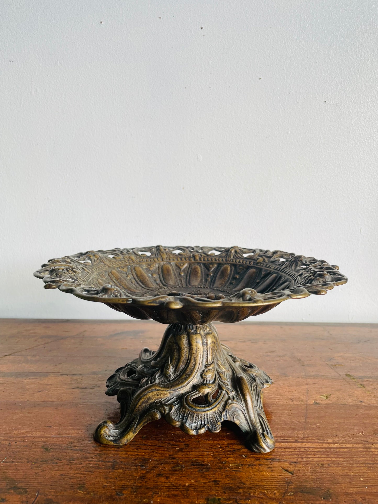 Vintage Heavy Brass Pedestal Bowl with Cherub - Ornate Scroll Filigree Design - Italian Style