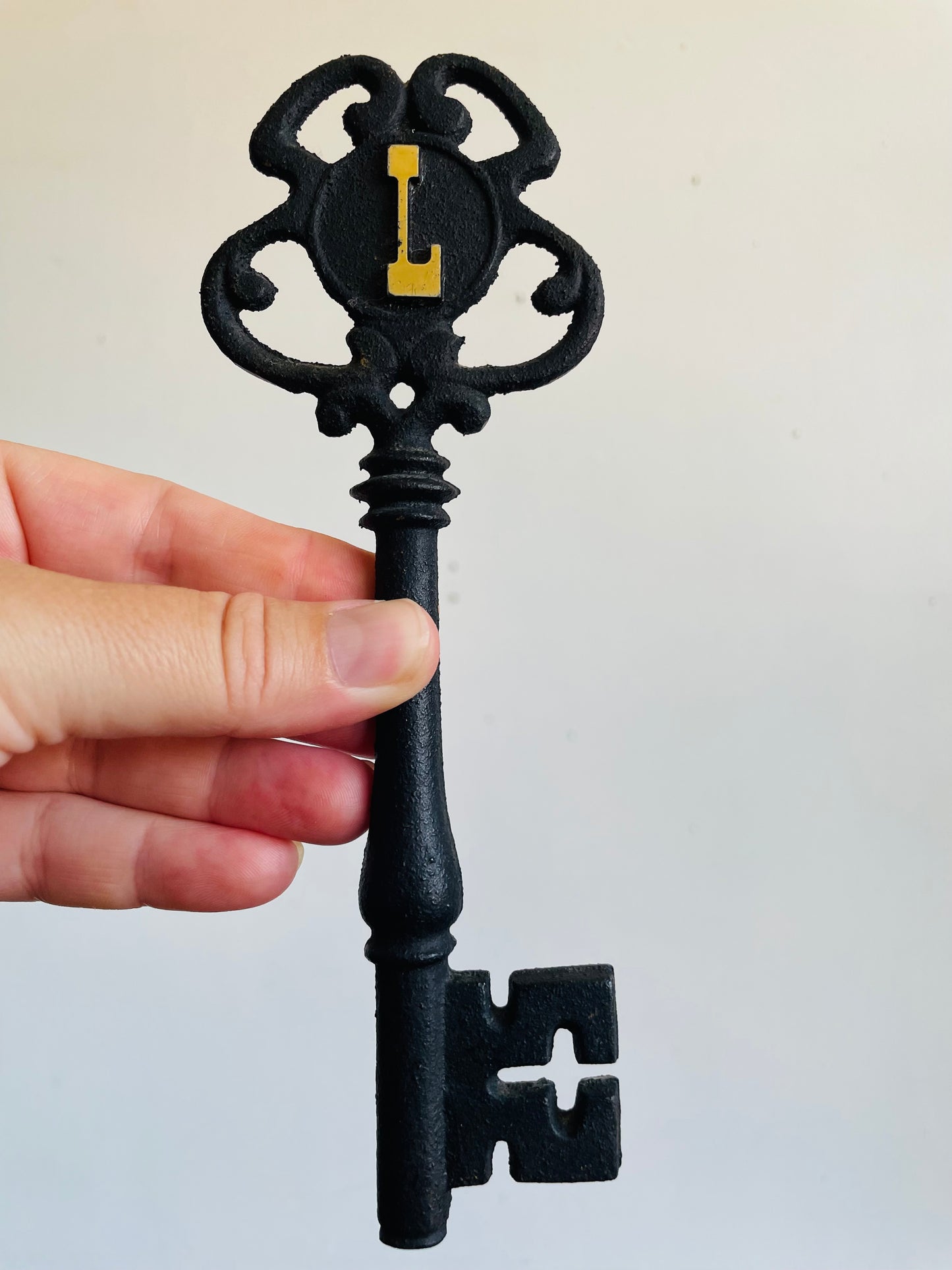 Large Black Cast Iron Skeleton Key Monogrammed with a Gold Letter L