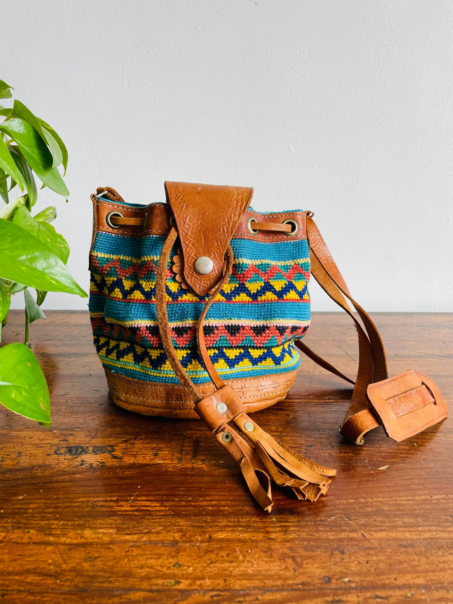 Tooled Leather & Brightly Woven Tapestry Fabric Purse