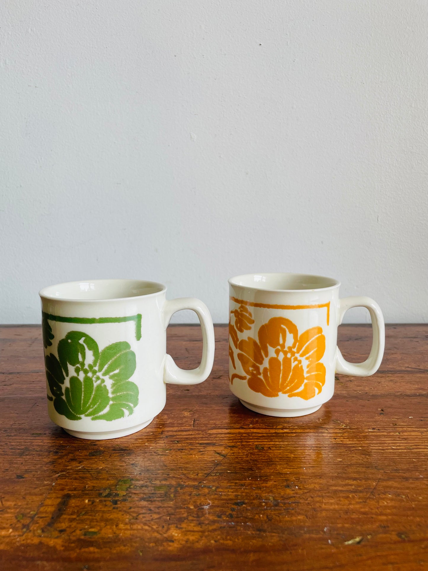 Mustard Yellow & Green Flower Mugs - WP Made in England - Set of 2