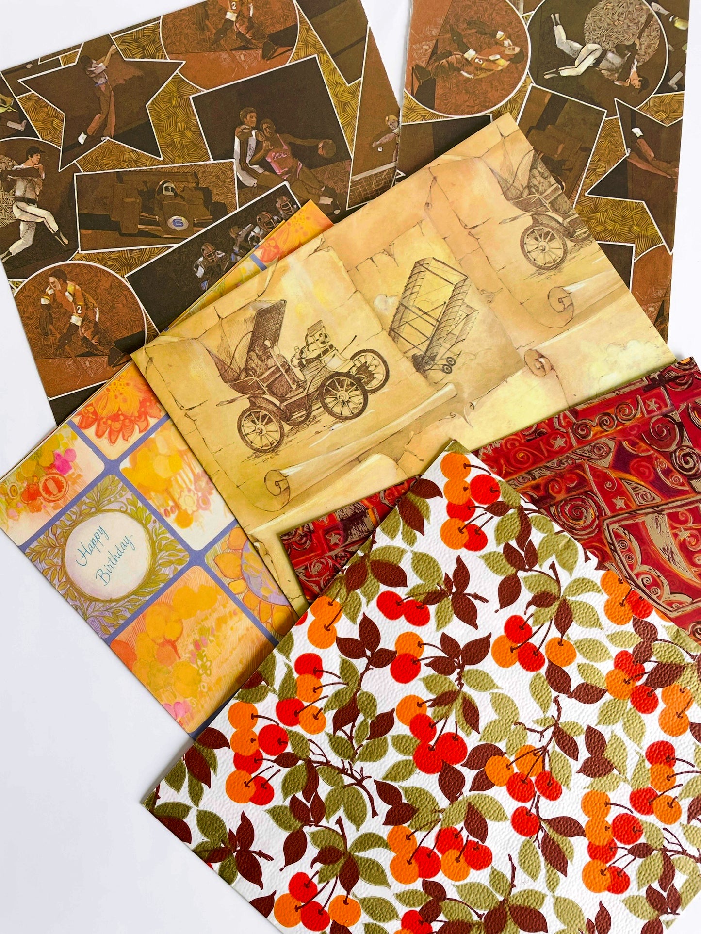 Vintage Wrapping Paper / Gift Wrap Bundle - Scrapbooking, Collage Art, DIY, Crafts, Etc. - Warm Colours Theme