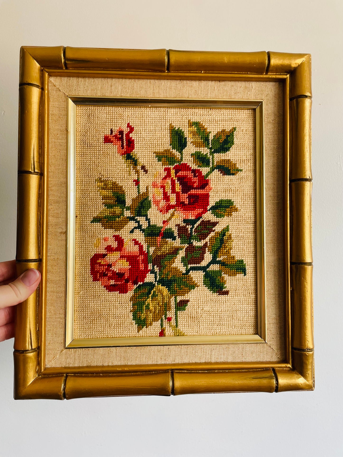 Rose Flowers Embroidery Picture in Gold Bamboo-Style Frame